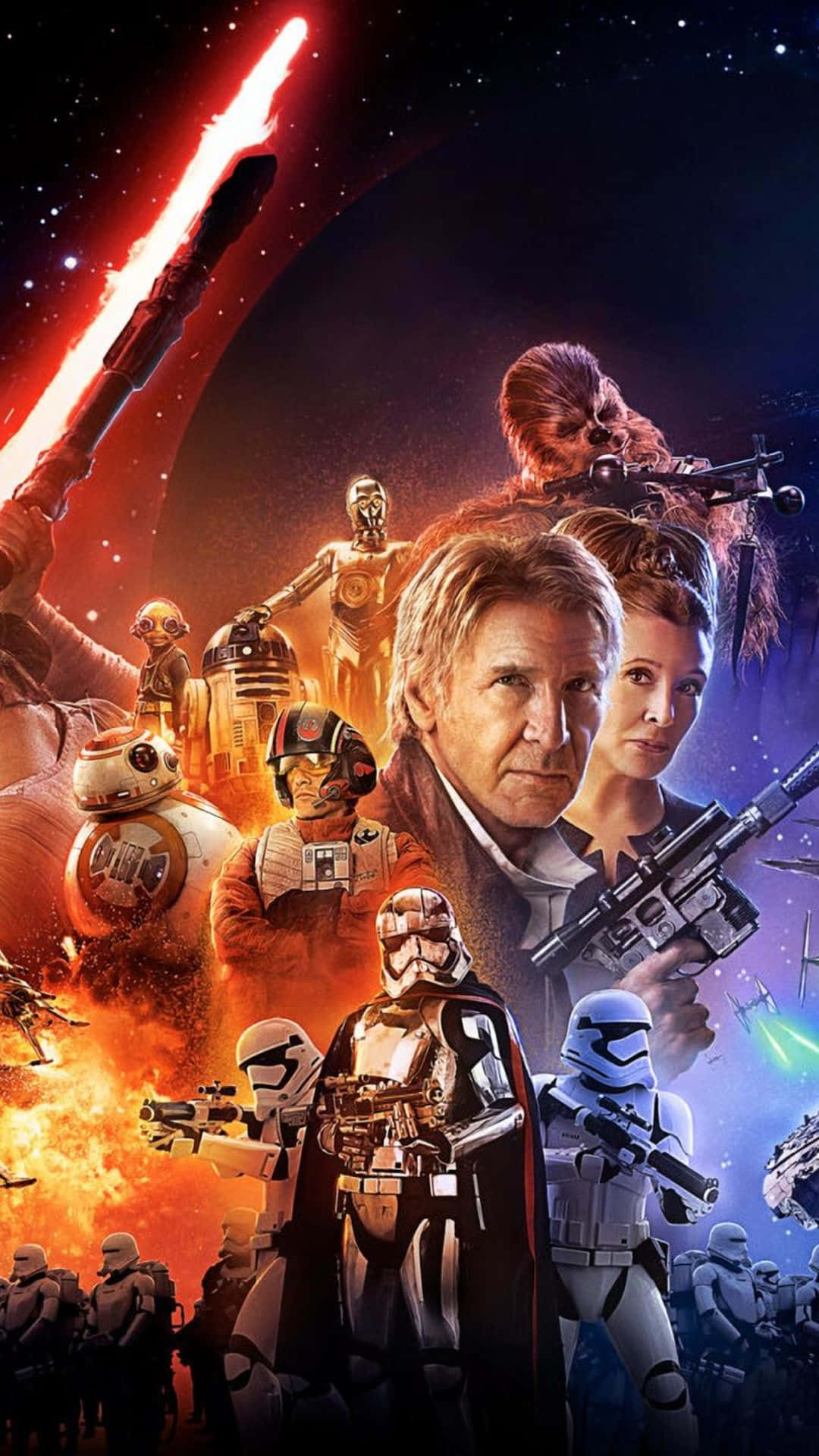 彩色動圖 桌布 壁紙 — 星際大戰角色，包括 Han Solo 和 Chewbacca，在宇宙背景下，身處光劍和星艦的太空戰鬥中。