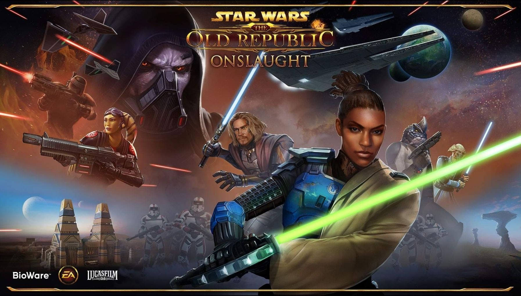 Swtor 桌布 壁紙 — 星際大戰角色以光劍和爆能槍在宇宙背景下戰鬥，背景有太空船和外星行星。