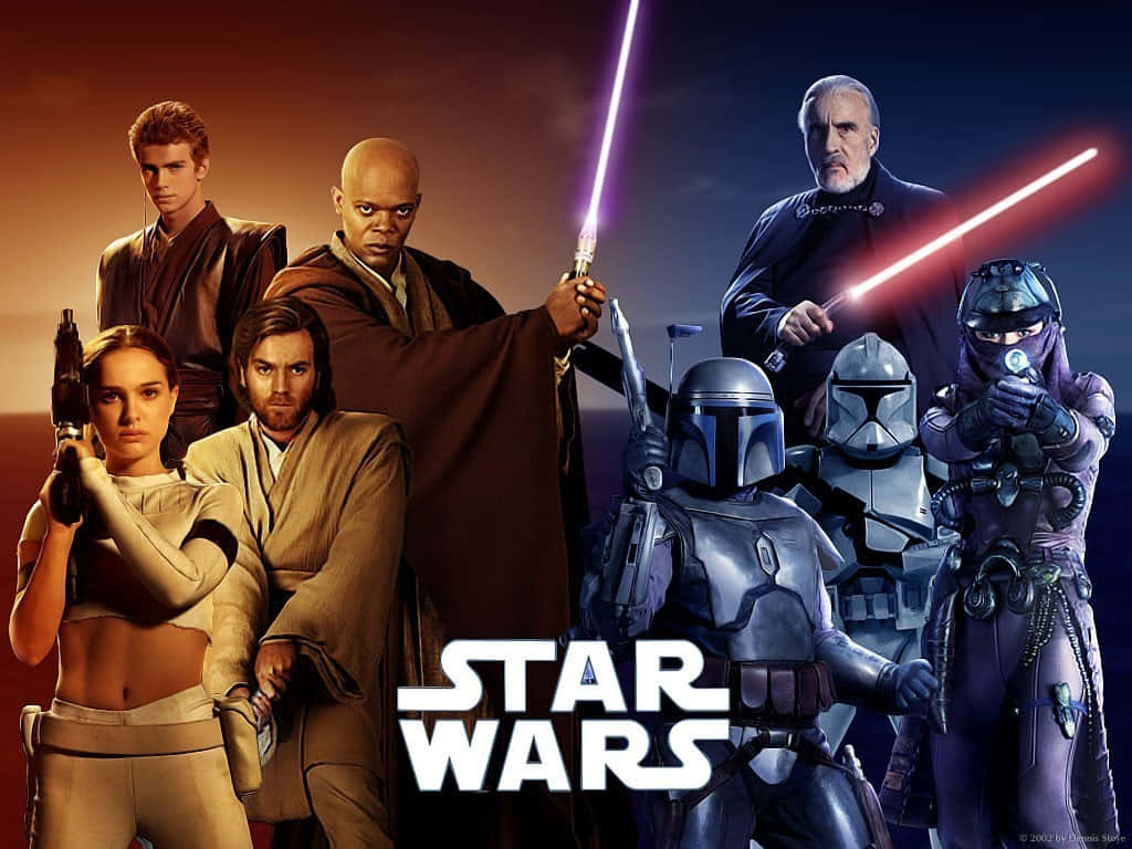 Star Wars Characters 桌布 壁紙 — 星際大戰角色以戲劇性的姿勢手持光劍和爆能槍，背景是熾熱的日落天空。