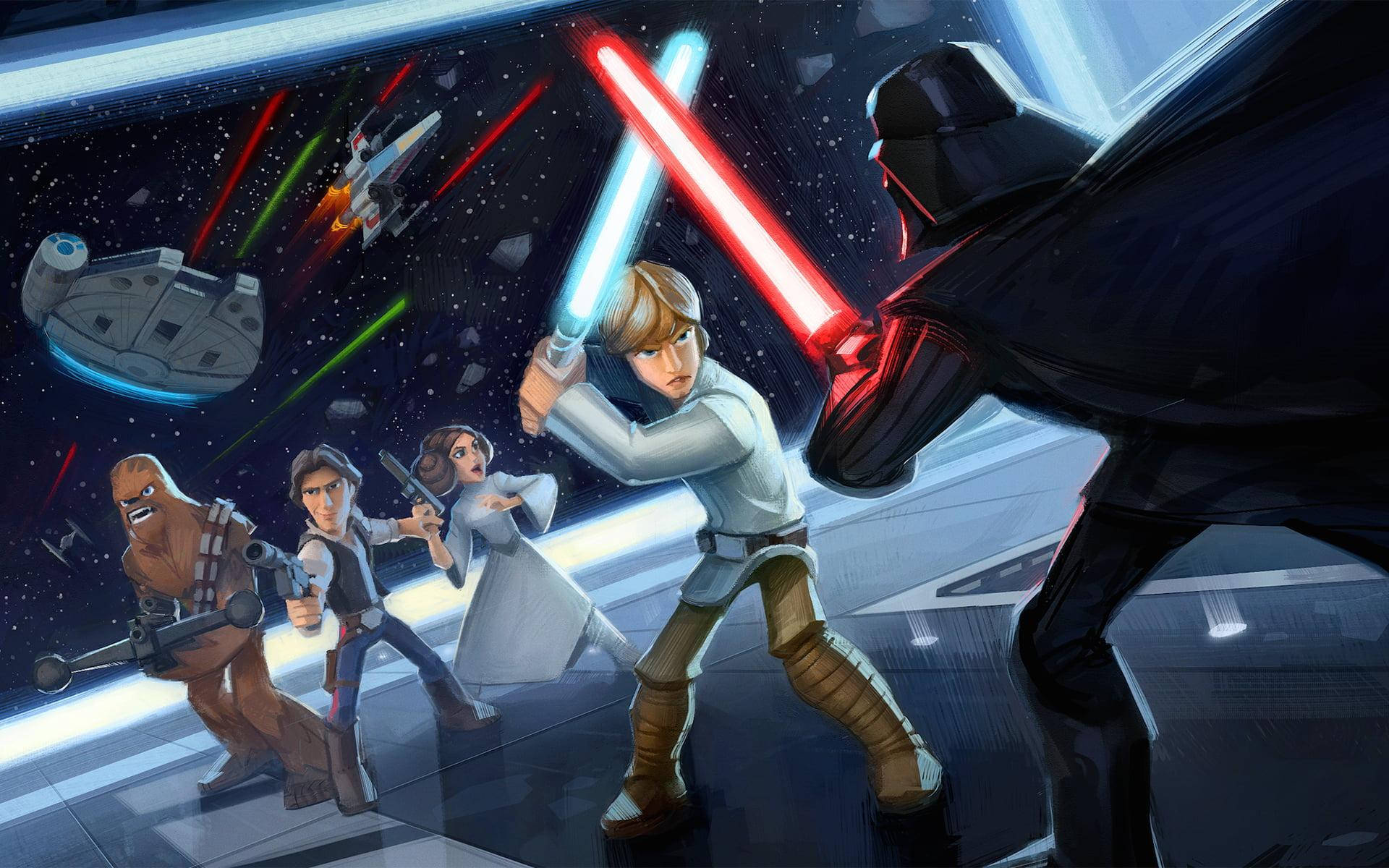 Star Wars Luke Skywalker 4K 桌布 壁紙 — 星際大戰角色在太空中使用光劍和爆能槍在星艦和碎片中戰鬥。