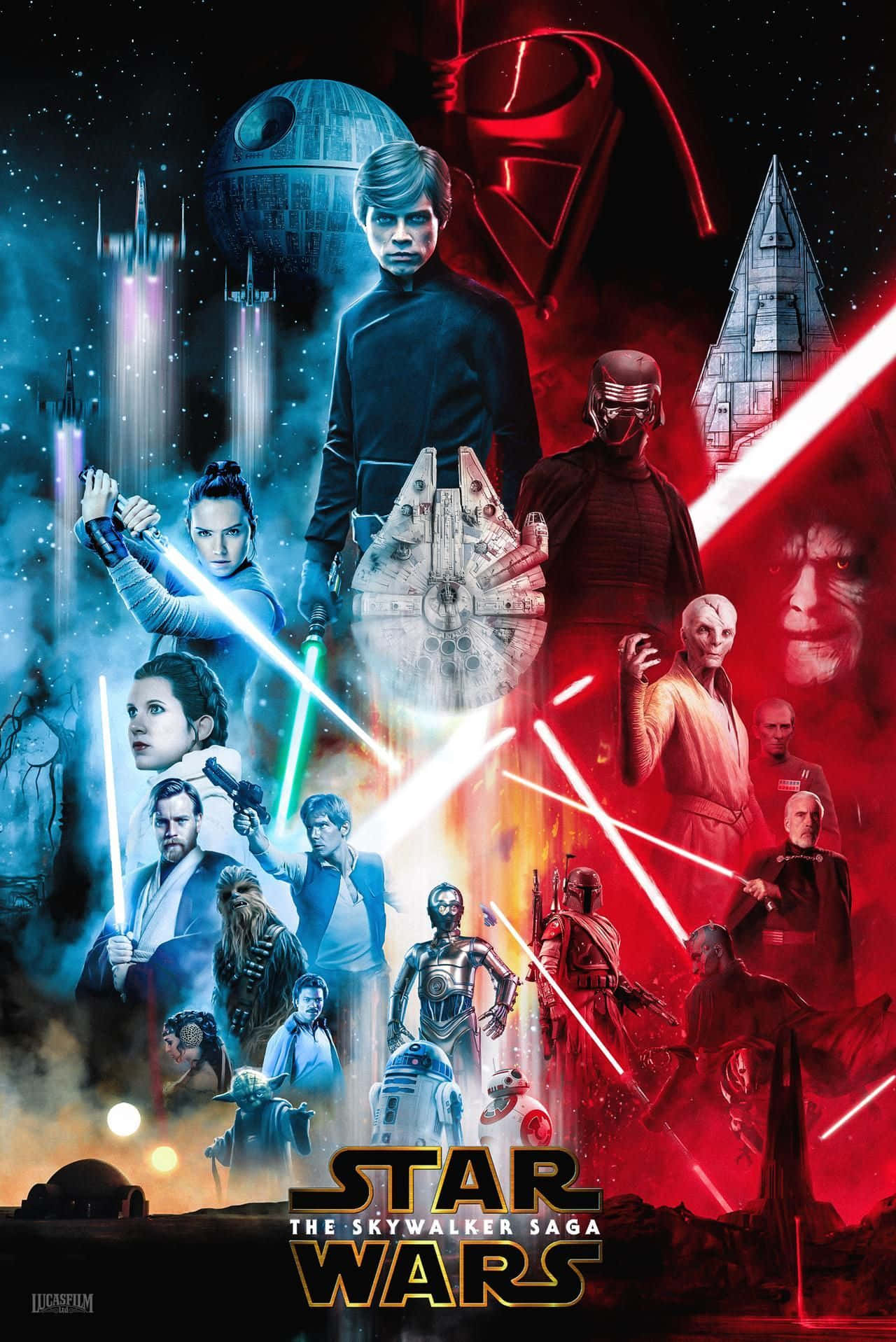 Star Wars Characters 桌布 壁紙 — 星際大戰角色在宇宙背景下以紅色和藍色光劍戰鬥，背景包括死星和千年鷹。