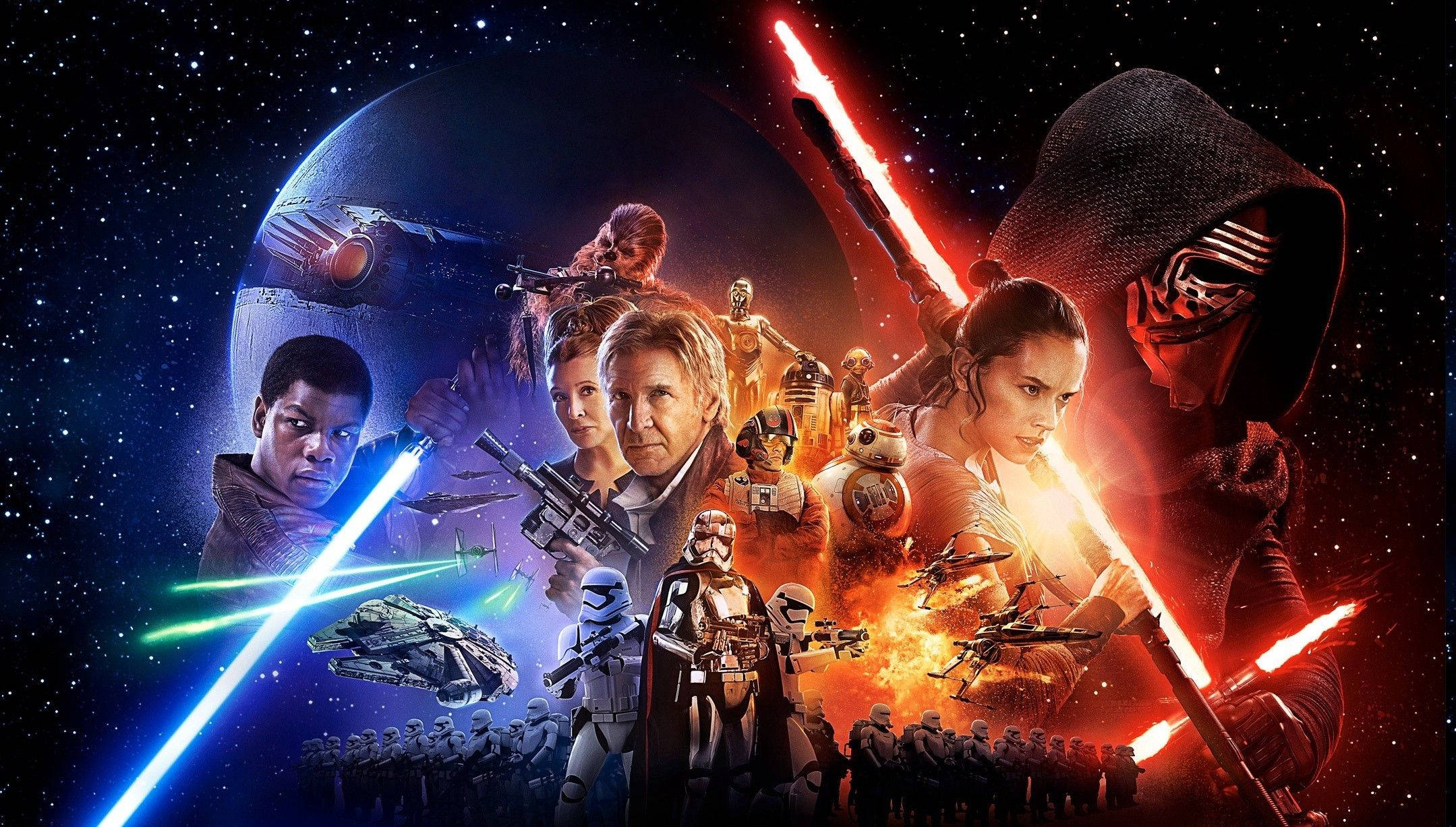 Star Wars Luke Skywalker 4K 桌布 壁紙 — 星際大戰角色在宇宙背景下使用光劍戰鬥，背景包括死星和星艦。