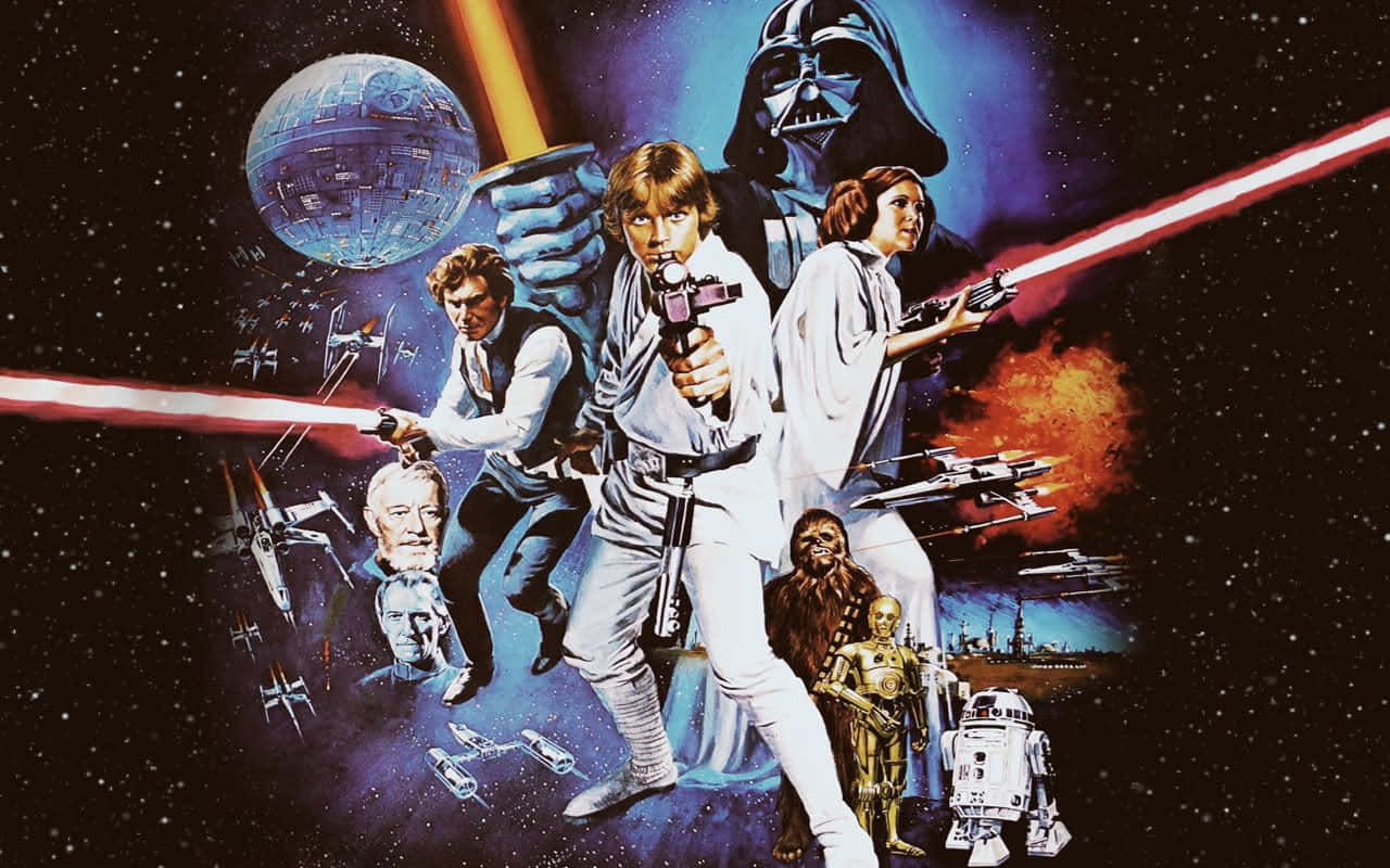 A New Hope 桌布 壁紙 — 星際大戰角色在宇宙背景下使用雷射劍和星艦進行太空戰鬥。