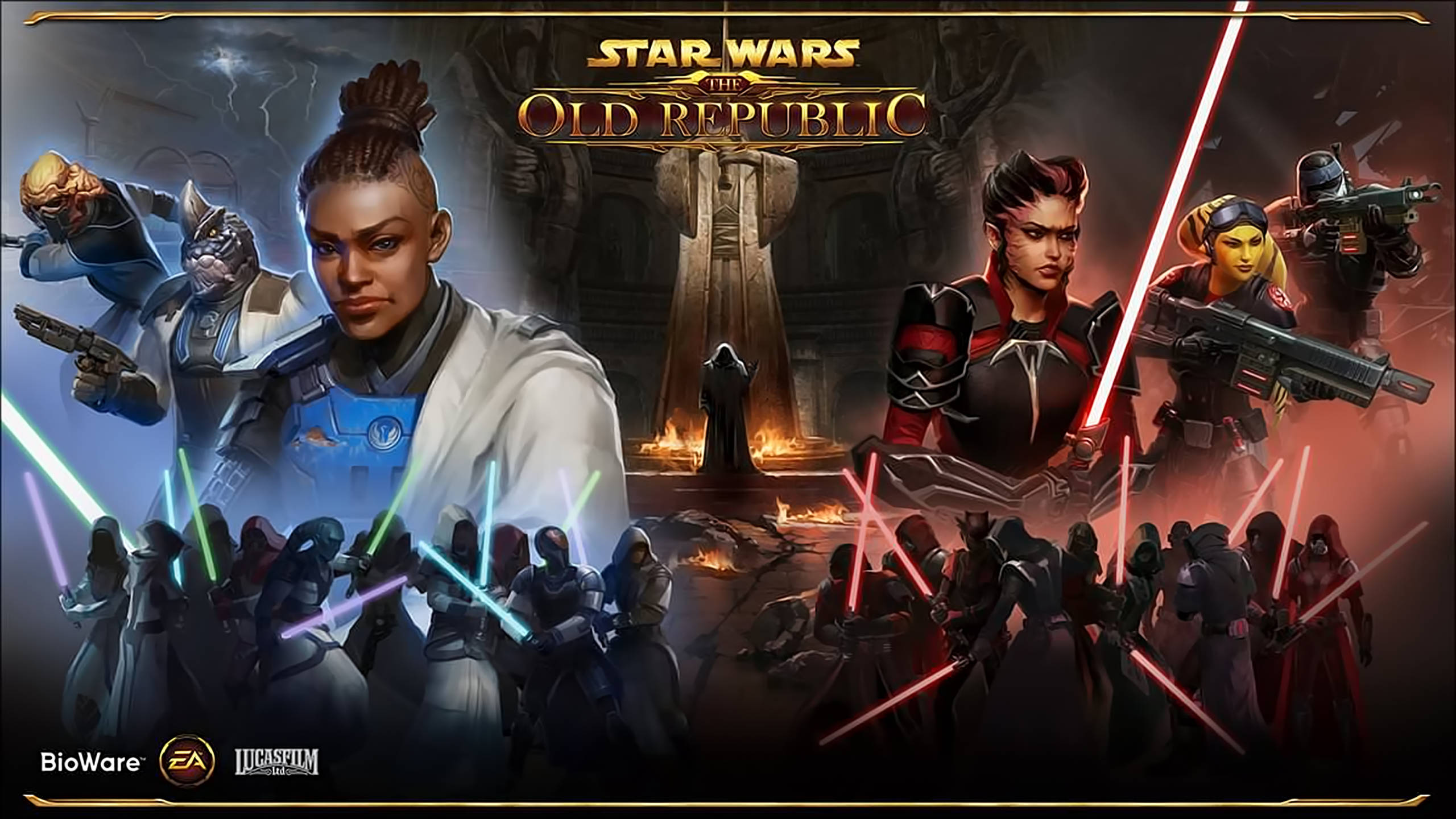 Swtor 桌布 壁紙 — 星際大戰角色在暴風雨的天空下，用發光的光劍進行戲劇性的戰鬥場景。