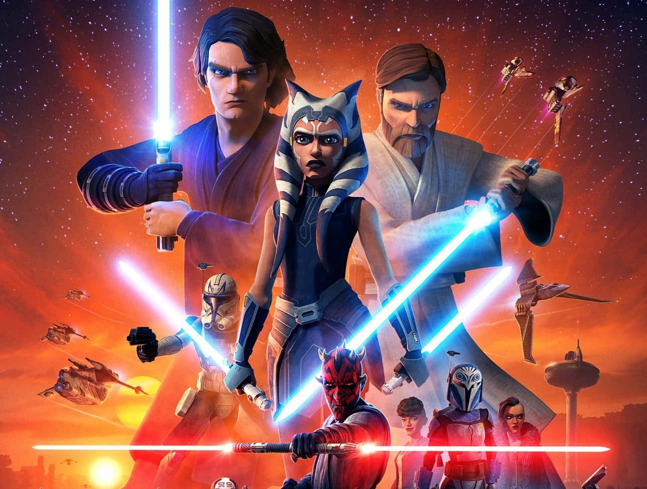 The Clone Army 桌布 壁紙 — 星際大戰角色在熾熱星空和飛行的星際戰機背景下，用發光光劍交戰。