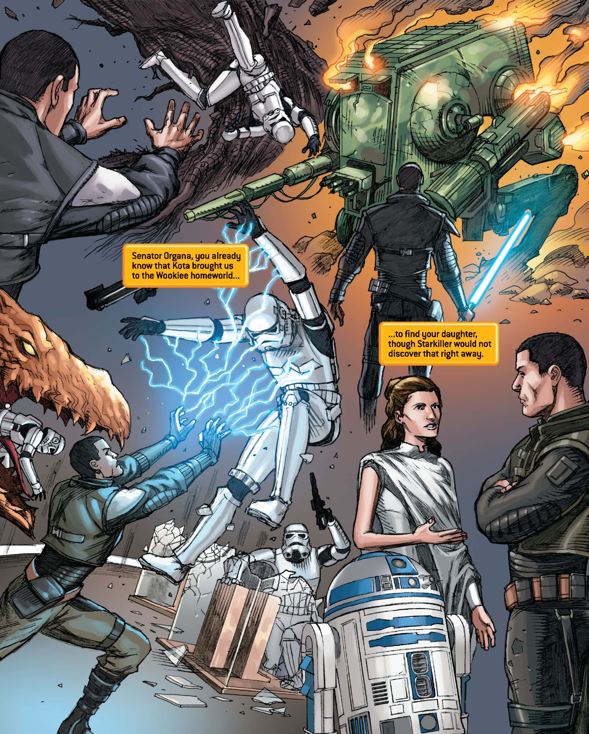 The Great Jedi Purge 桌布 壁紙 — 星際大戰角色在熾熱爆炸和閃電中與風暴兵和巨型AT-ST步行機戰鬥。
