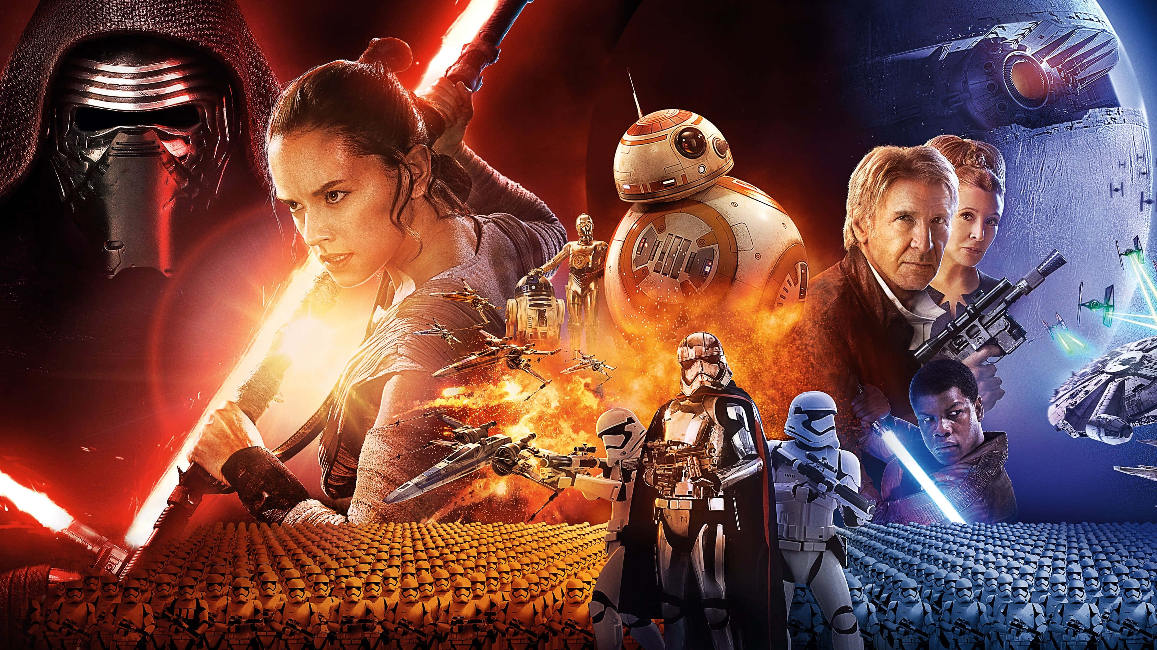 Star Wars Characters 桌布 壁紙 — 星際大戰角色在熾熱的太空戰鬥中，以光劍和星際戰機對抗黑暗和明亮的宇宙背景。