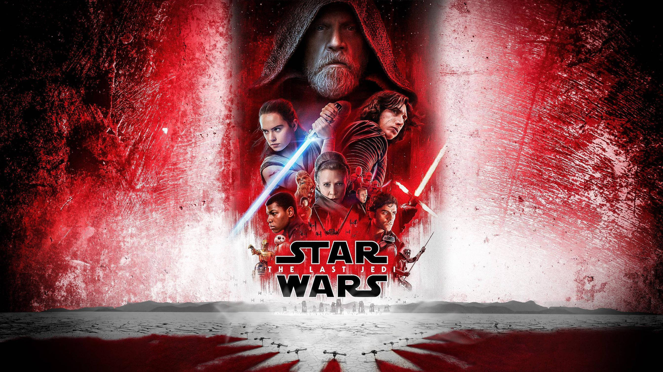 The Last Jedi Star Wars 桌布 壁紙 — 星際大戰角色在紅色和白色紋理背景前挑釁地站立，電影標題顯眼地展示。