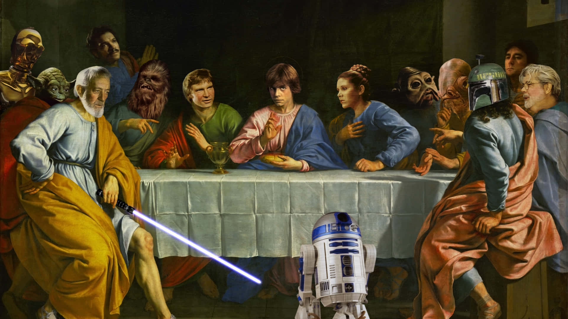 Funny Star Wars 桌布 壁紙 — 星際大戰角色坐在長桌旁，以達文西《最後的晚餐》的戲劇性模仿。