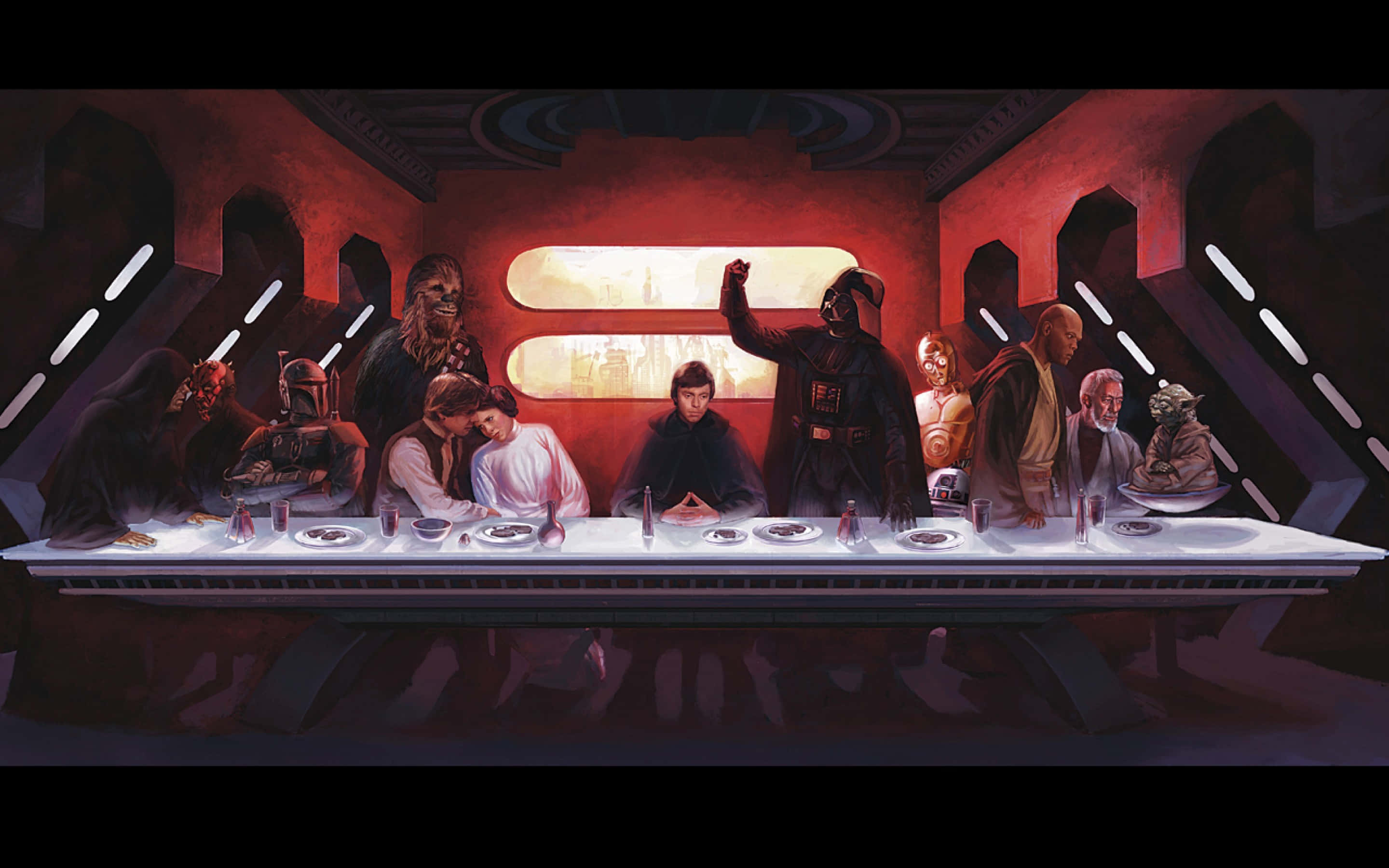 Funny Star Wars 桌布 壁紙 — 星際大戰角色聚集在一張長桌旁，房間內充滿戲劇性的紅光，令人聯想到最後的晚餐。