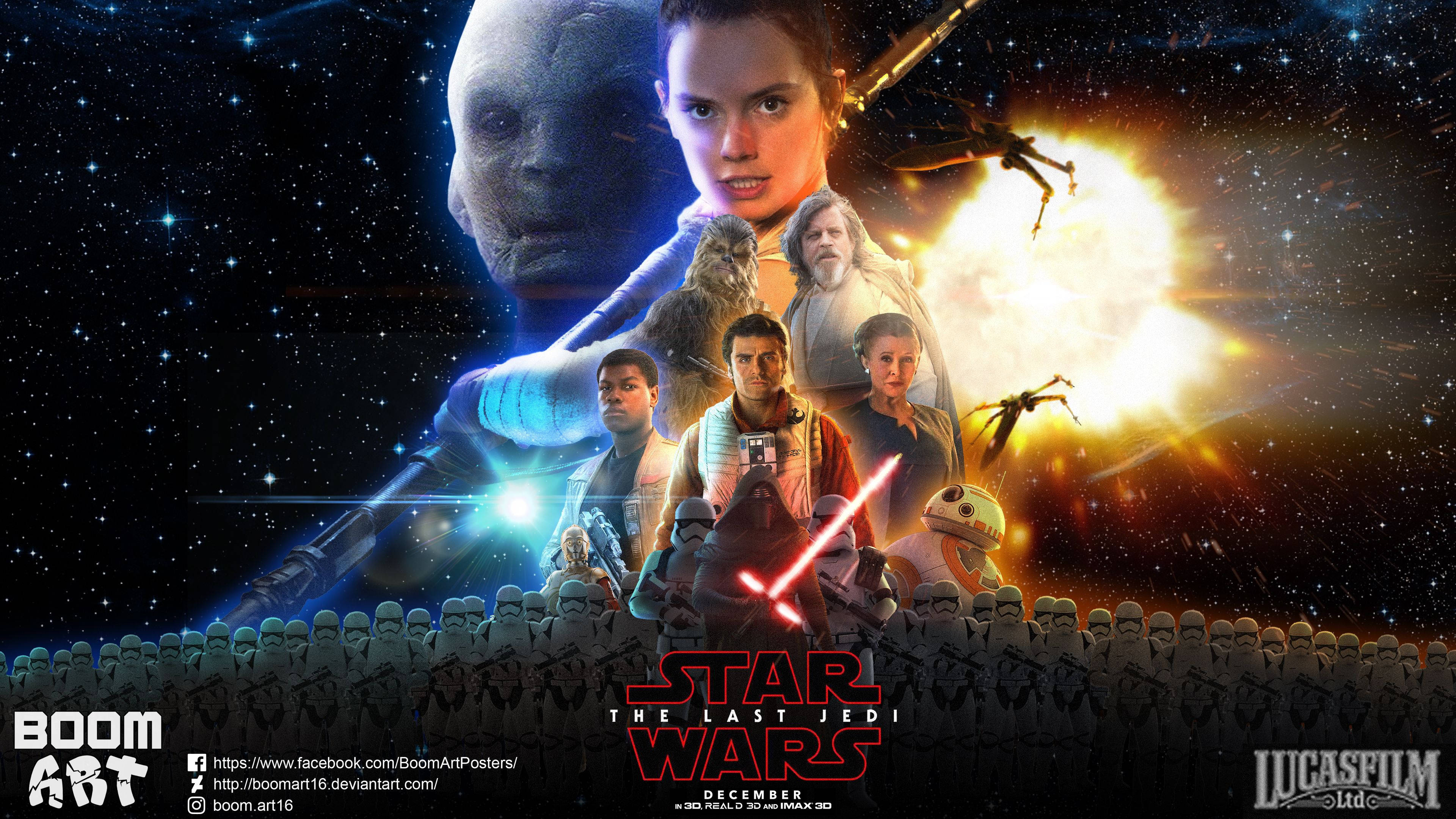 The Last Jedi Star Wars 桌布 壁紙 — 星際大戰角色英勇地站在星空太空背景下，伴隨著爆炸和一個逼近的外星人面孔。