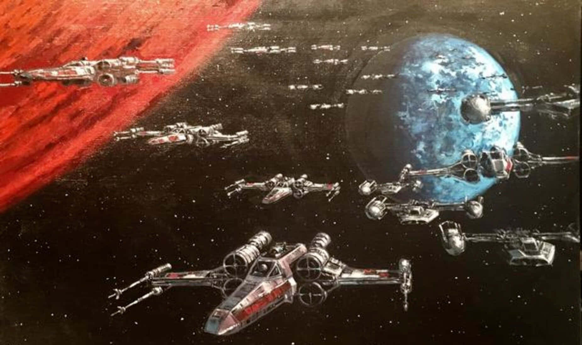 The Battle Of Yavin 桌布 壁紙 — 星際戰士在星空翱翔，靠近一個紅色行星和藍色衛星，旁邊有一個太空站。