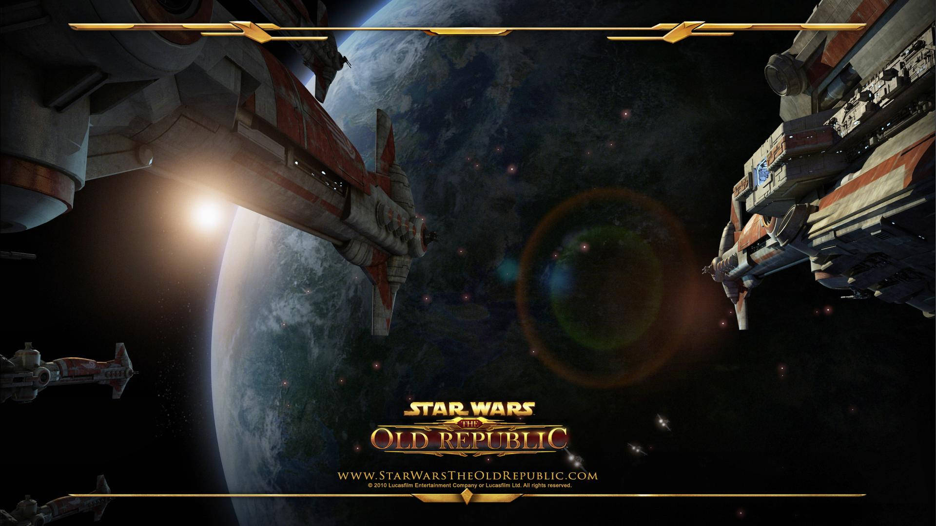 Swtor 桌布 壁紙 — 星際戰士在藍綠色行星附近翱翔，背景有鏡頭光暈和星域。
