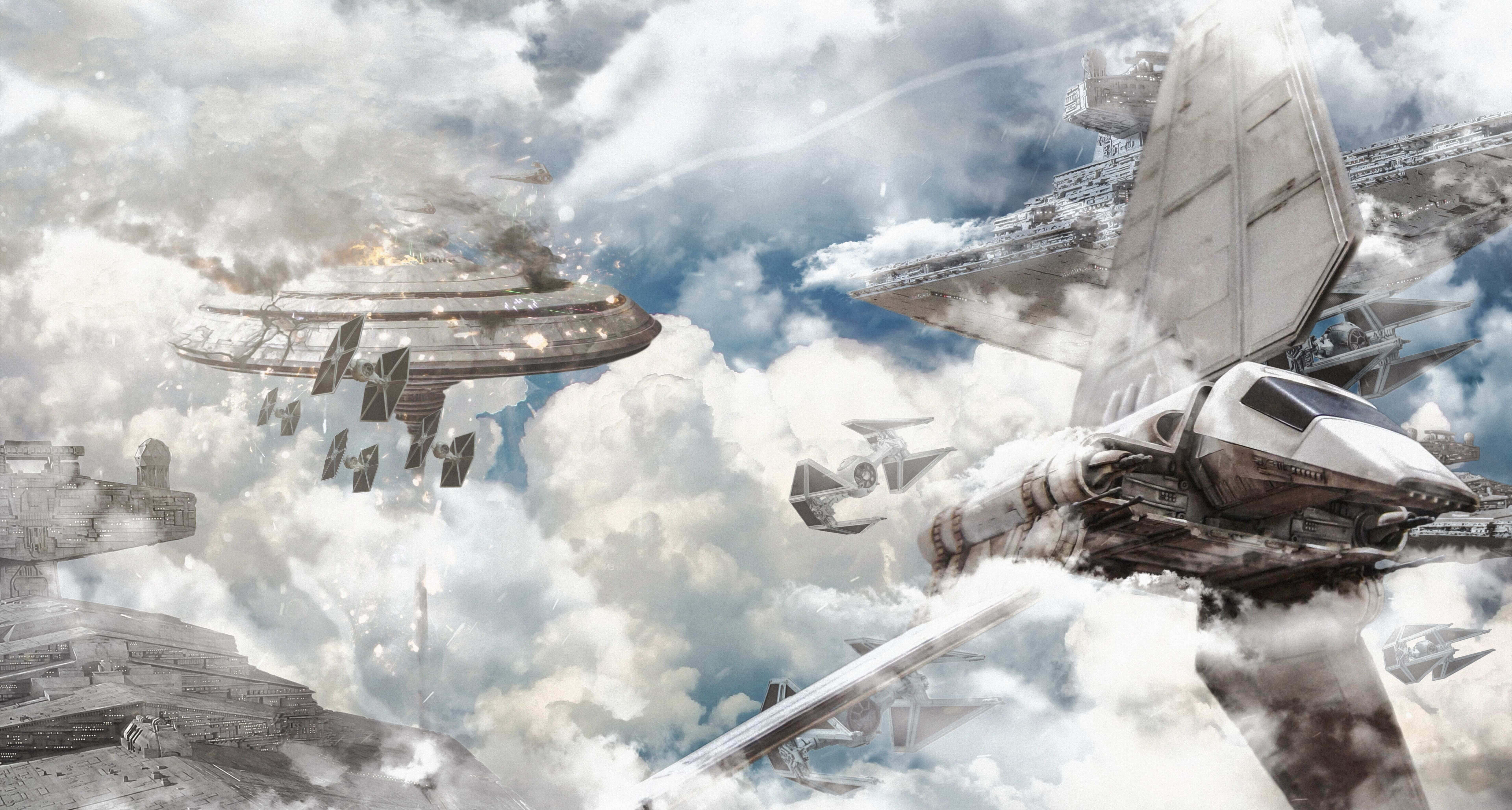 Bespin 桌布 壁紙 — 星際戰機和主力艦在暴風雲中戰鬥，上演一場戲劇性的太空歌劇場景。