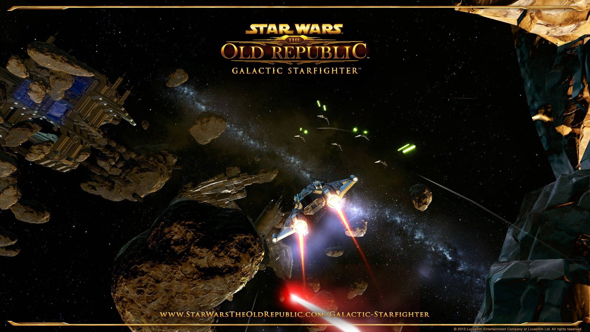 Swtor 桌布 壁紙 — 星際戰機在宇宙背景下，帶著發光的雷射火焰穿過小行星帶。