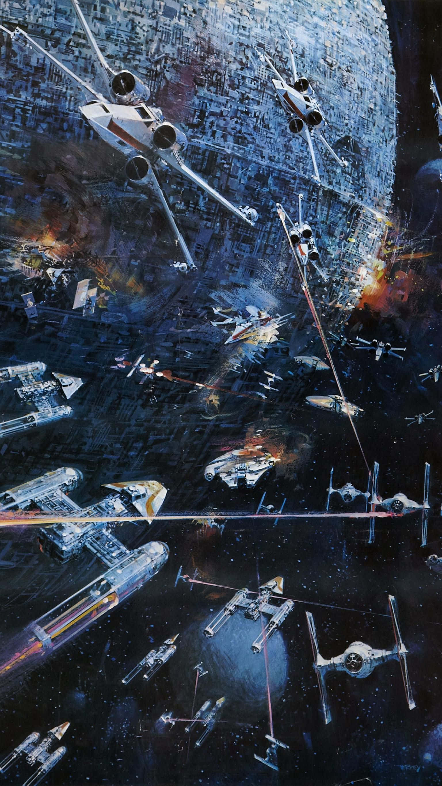 Star Wars Phone 桌布 壁紙 — 星際戰機在星空中圍繞巨大的死星爆炸，形成熾熱的混亂。