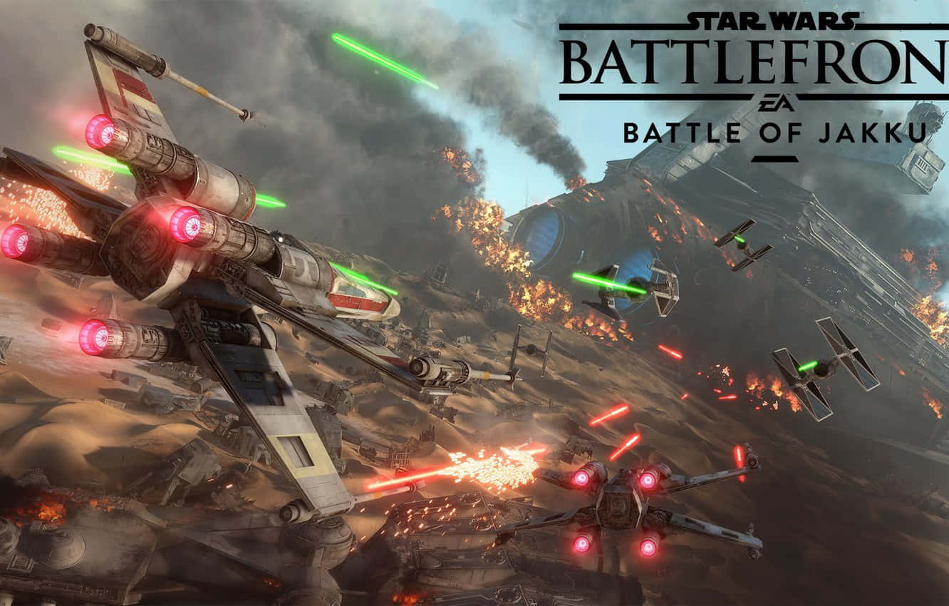Jakku 桌布 壁紙 — 星際戰機在沙漠星球上空激烈交戰，爆炸四起，雷射光束穿過煙霧和火焰。