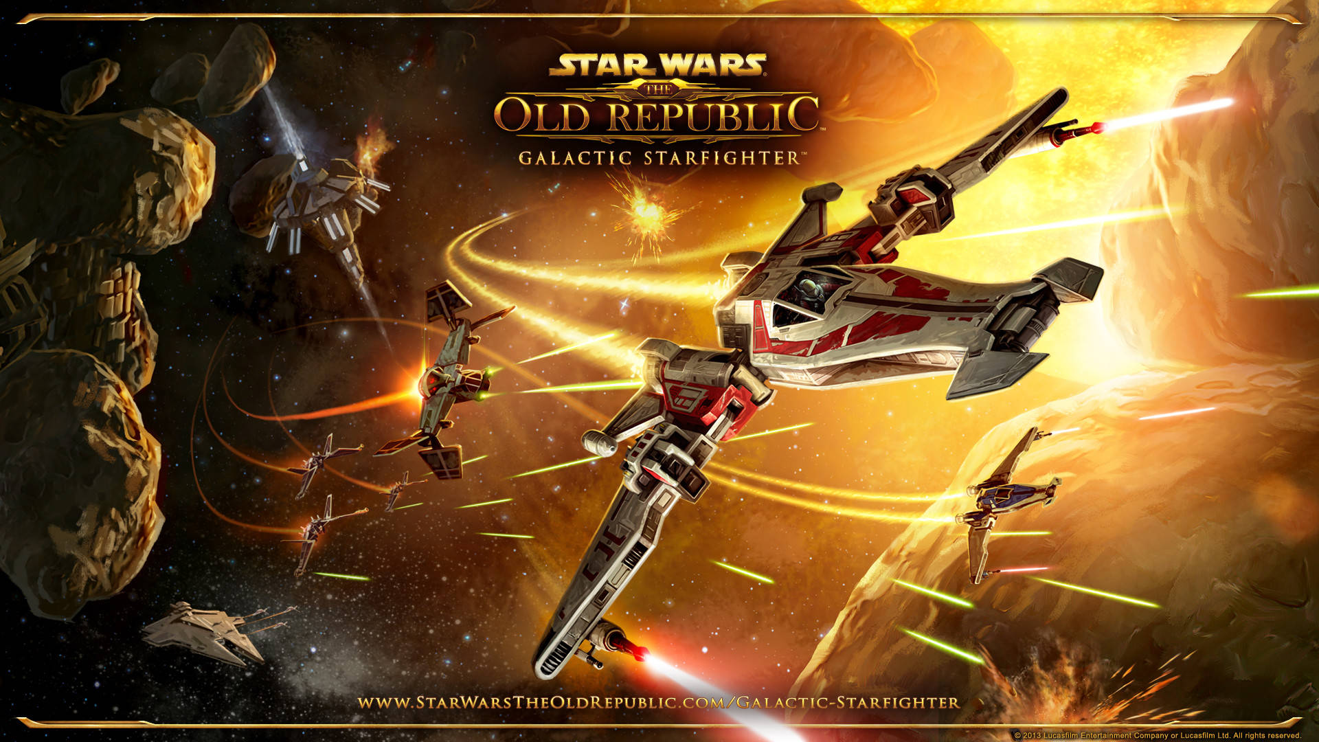 Star Wars Red 桌布 壁紙 — 星際戰機在熾熱的太陽下，穿越小行星帶，進行一場激烈的太空戰鬥。
