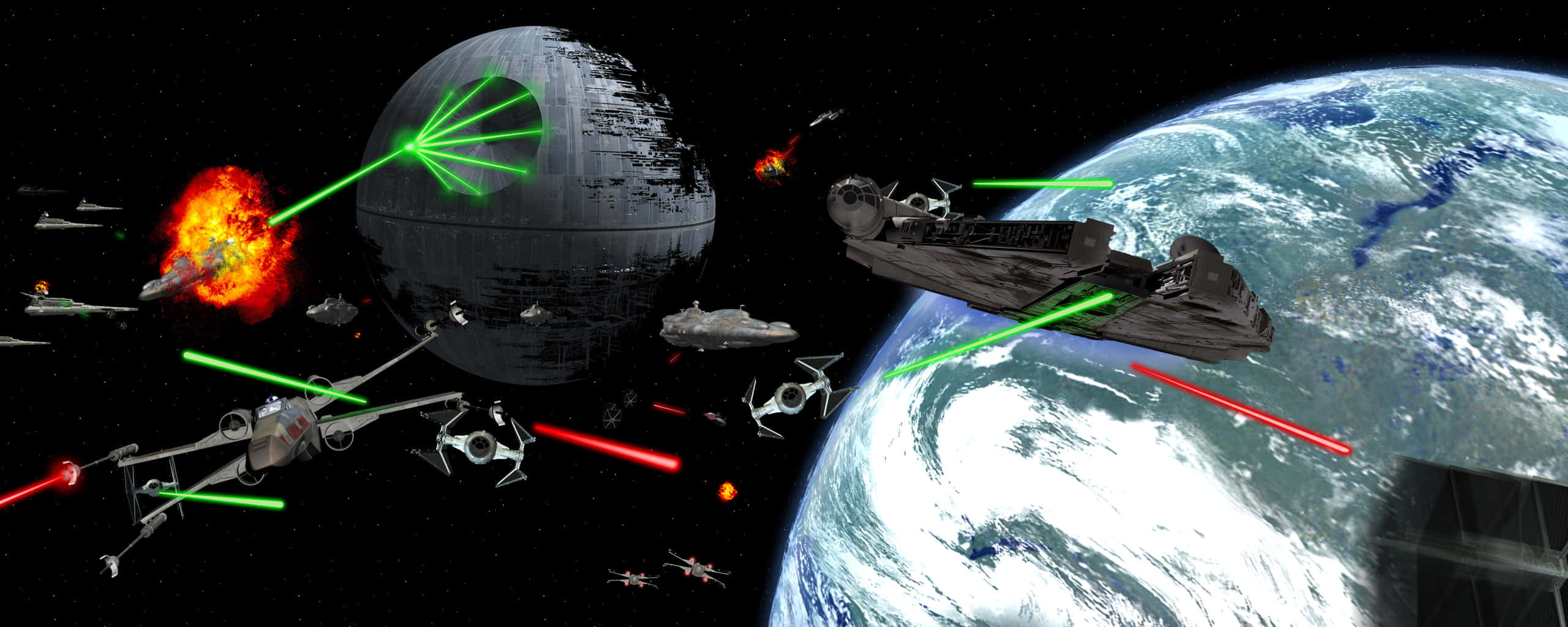 The Battle Of Endor 桌布 壁紙 — 星際戰機在行星附近戰鬥，死星在太空中發射綠色雷射。