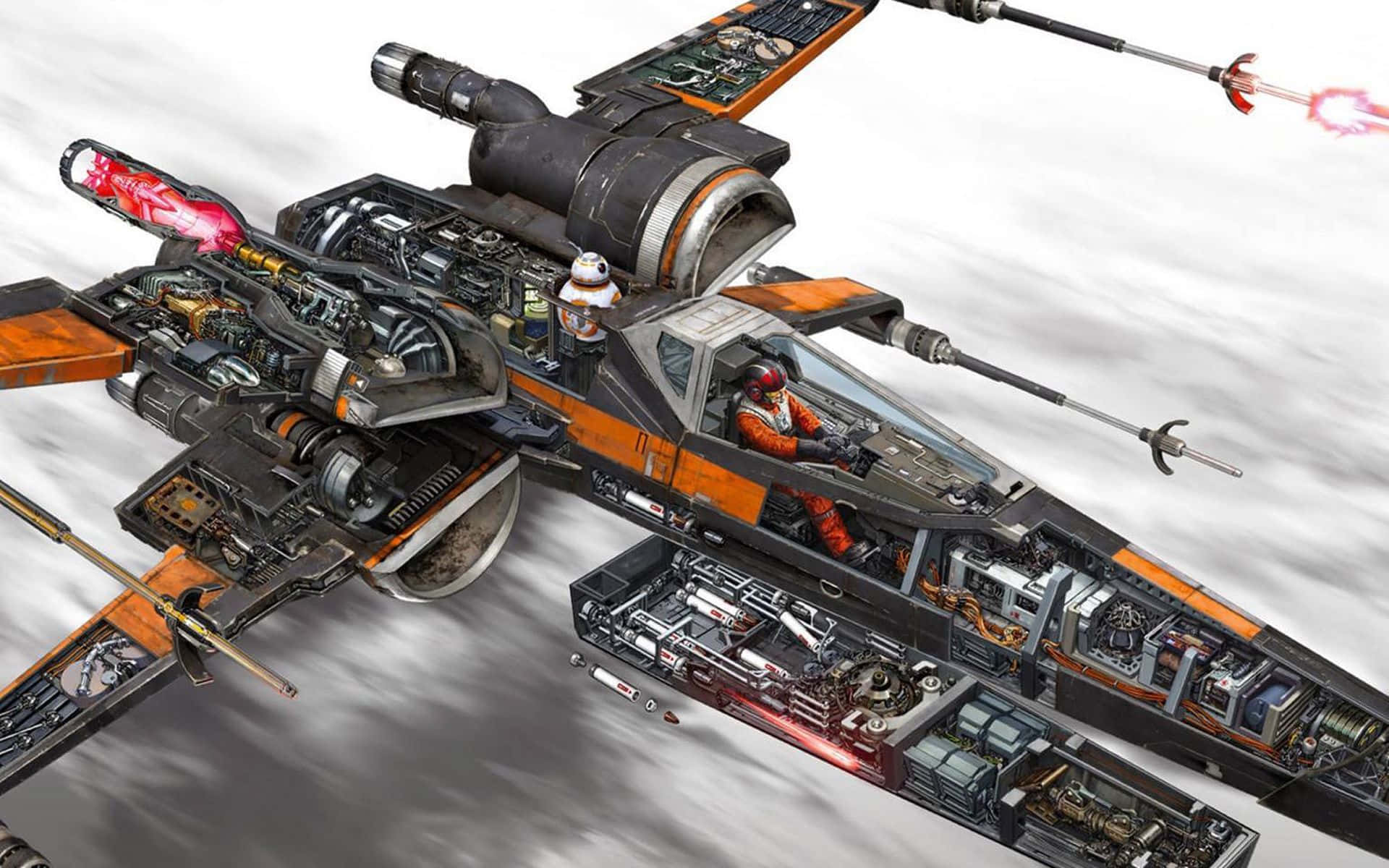 X-wing Fighter 桌布 壁紙 — 星際戰機的詳細剖面圖，飛行員和機器人穿過雲層並發射雷射。