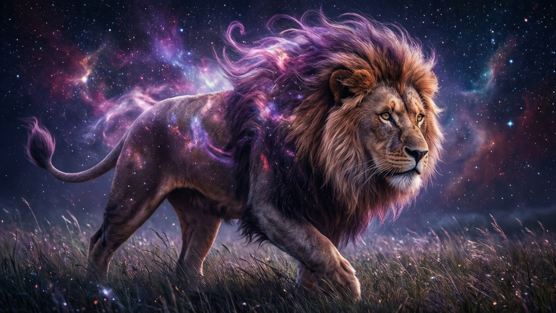 星際漫步 壁紙 — 一頭雄偉的獅子在充滿紫色和粉紅色漩渦星雲的充滿活力的宇宙天空下穿過草地。