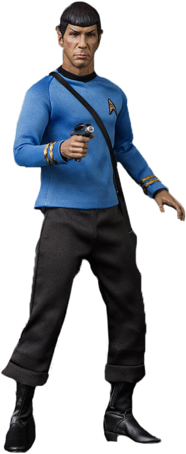 Star Trek Enterprise 桌布 壁紙 — 《星際爭霸戰》中史波克的詳細人偶，身穿藍色制服，手持相位槍，背景為黑色。