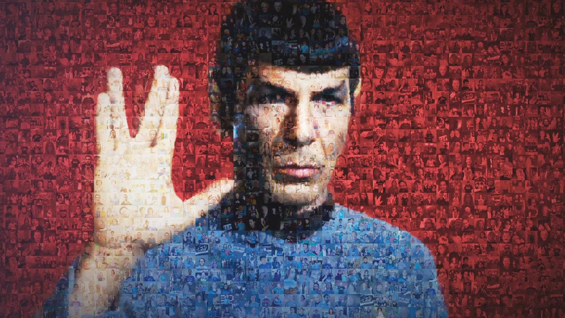 Spock 桌布 壁紙 — 《星際爭霸戰》中的史巴克在紅色背景上由微小面孔組成的馬賽克肖像中做出瓦肯舉手禮。