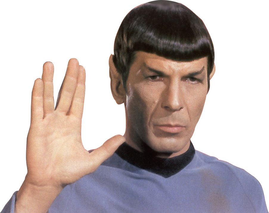 Star Trek Enterprise 桌布 壁紙 — 《星際爭霸戰》中的史巴克舉起手做出瓦肯舉手禮，背景是模糊的暖色調。