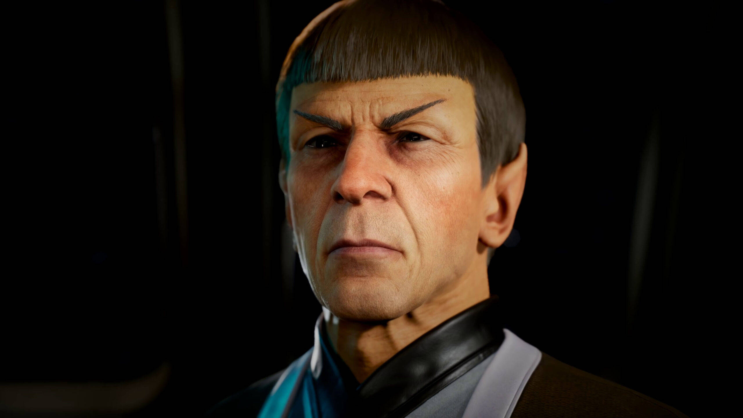 Spock 桌布 壁紙 — 星際爭霸戰中史波克的近距離肖像，眼神強烈，耳朵呈瓦肯人特徵，背景黑暗。