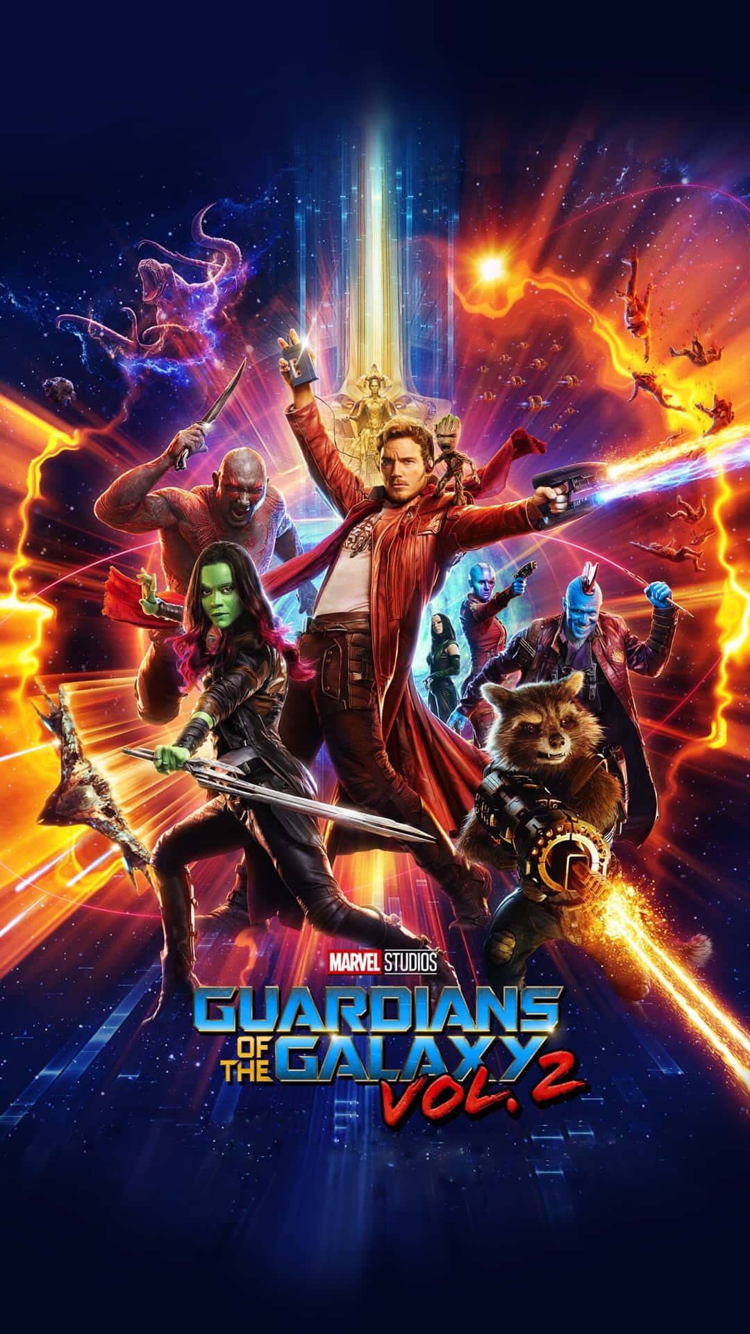 Guardians Of The Galaxy 2 桌布 壁紙 — 《星際異攻隊 Vol 2》角色在充滿活力的星雲和能量光束的宇宙背景下英勇地擺出姿勢。