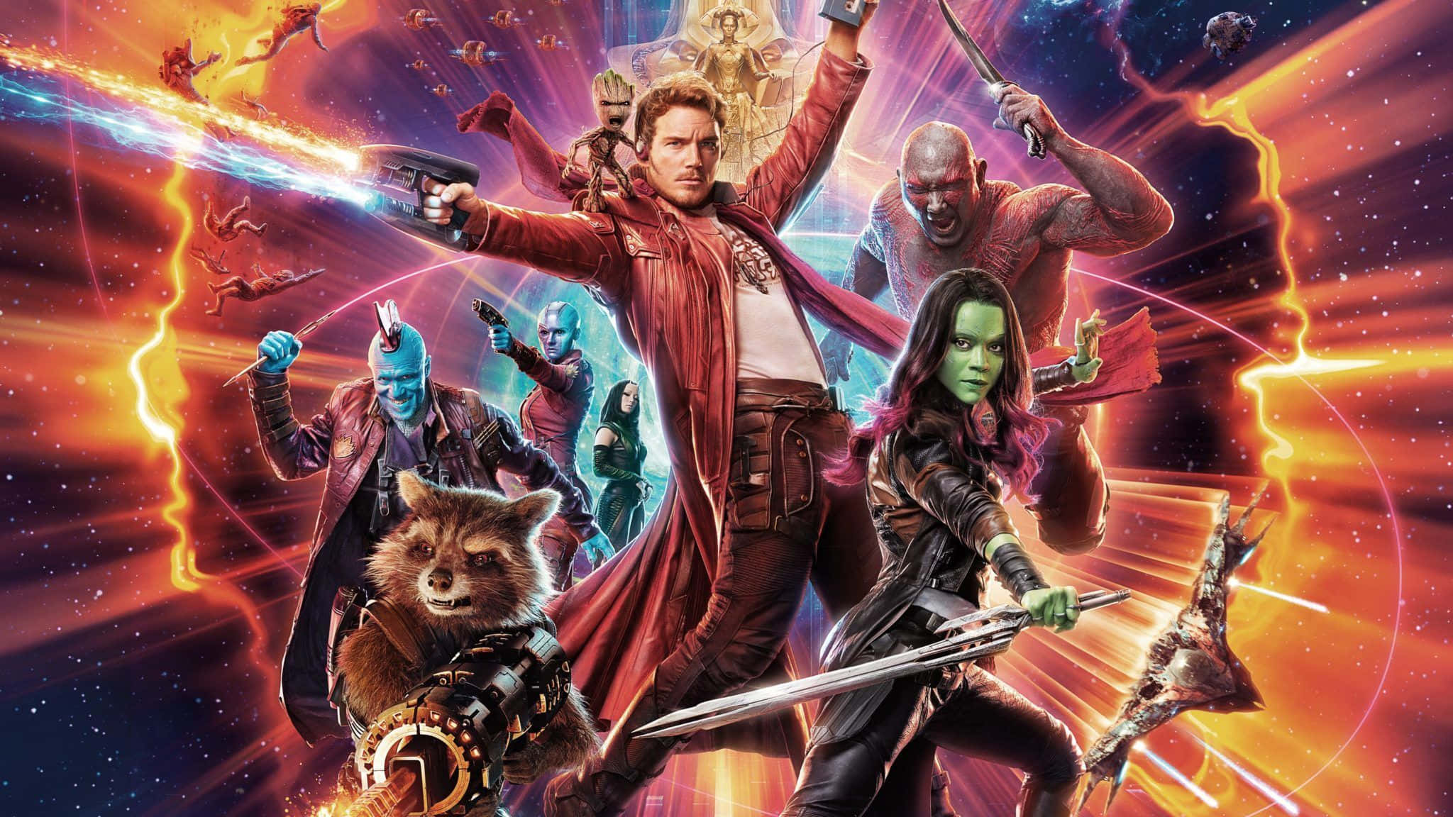 Guardians Of The Galaxy 2 桌布 壁紙 — 星際異攻隊團隊以動感動作姿勢，在充滿鮮豔霓虹色彩的宇宙爆炸背景下呈現。