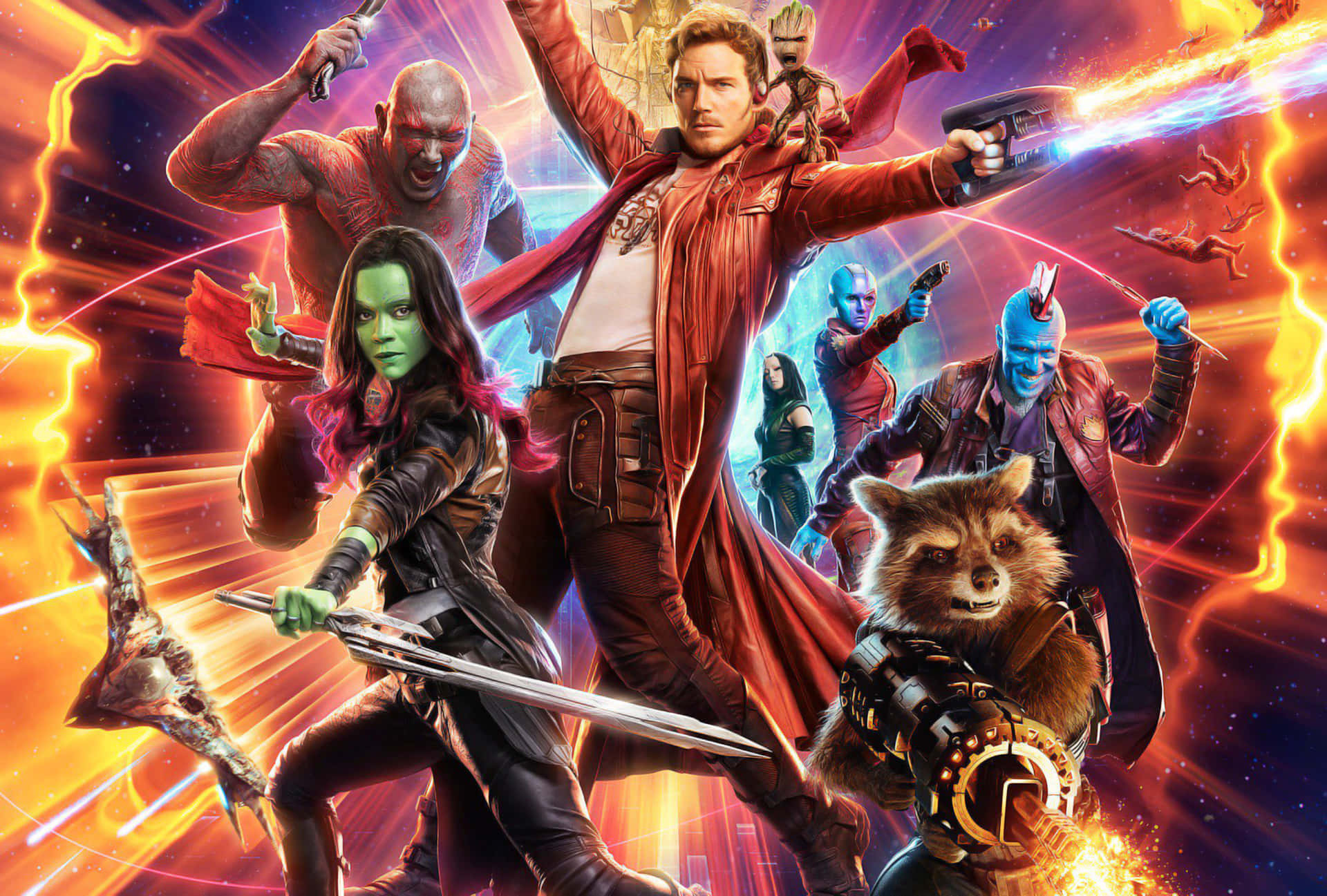 Guardians Of The Galaxy 2 桌布 壁紙 — 星際異攻隊團隊以動感動作姿勢，背景為宇宙爆炸。