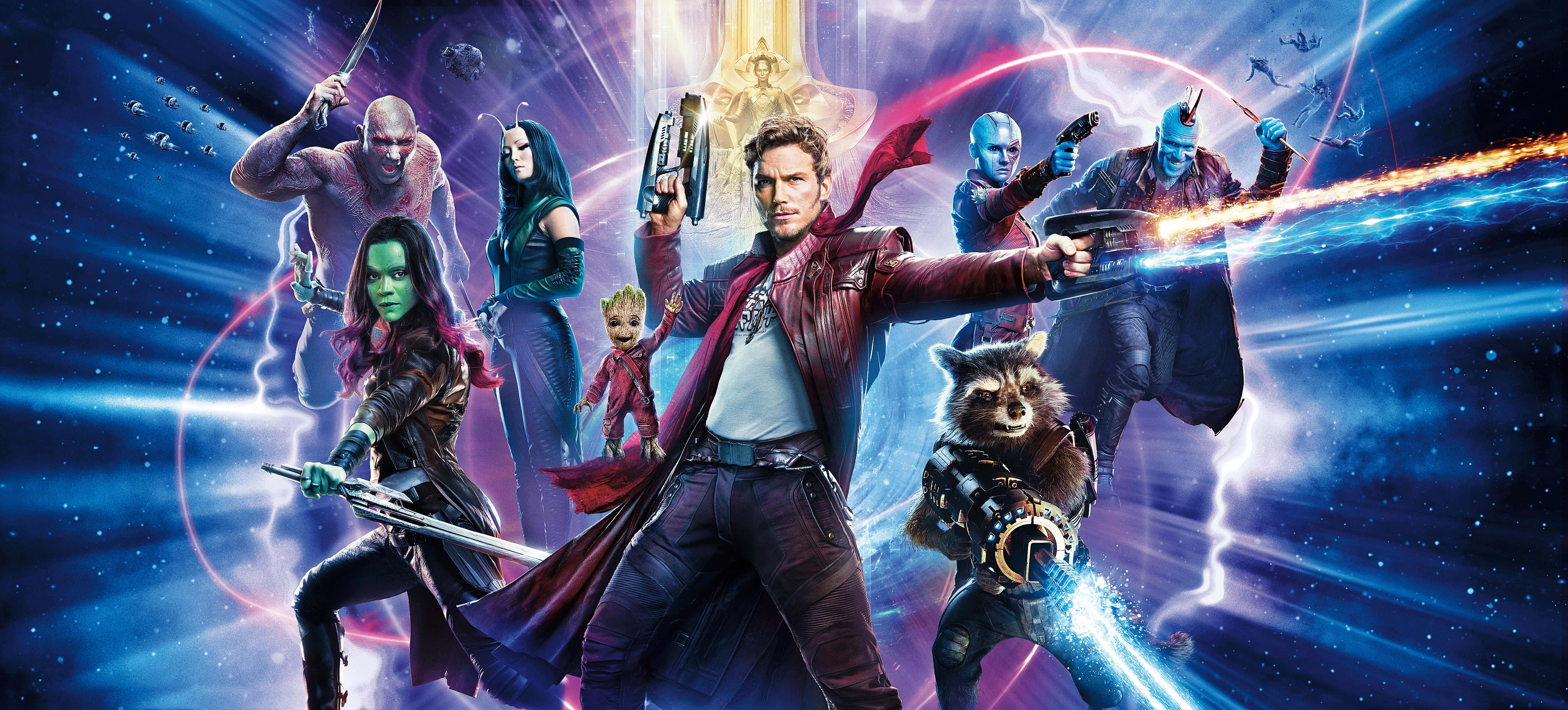 Guardians Of The Galaxy 2 桌布 壁紙 — 星際異攻隊團隊在宇宙背景下動態擺姿勢，伴隨著發光的能量光束和星域。