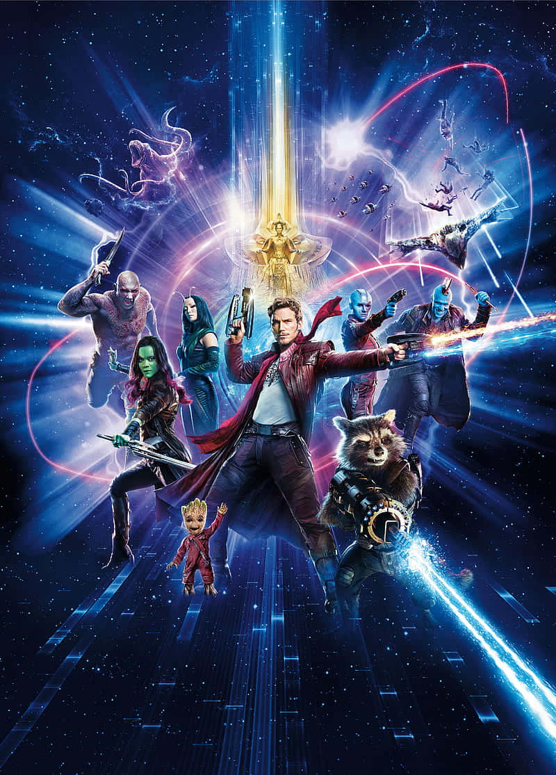 Guardians Of The Galaxy 2 桌布 壁紙 — 星際異攻隊團隊在宇宙背景下英勇地擺姿勢，背景有發光的能量光束和星域。