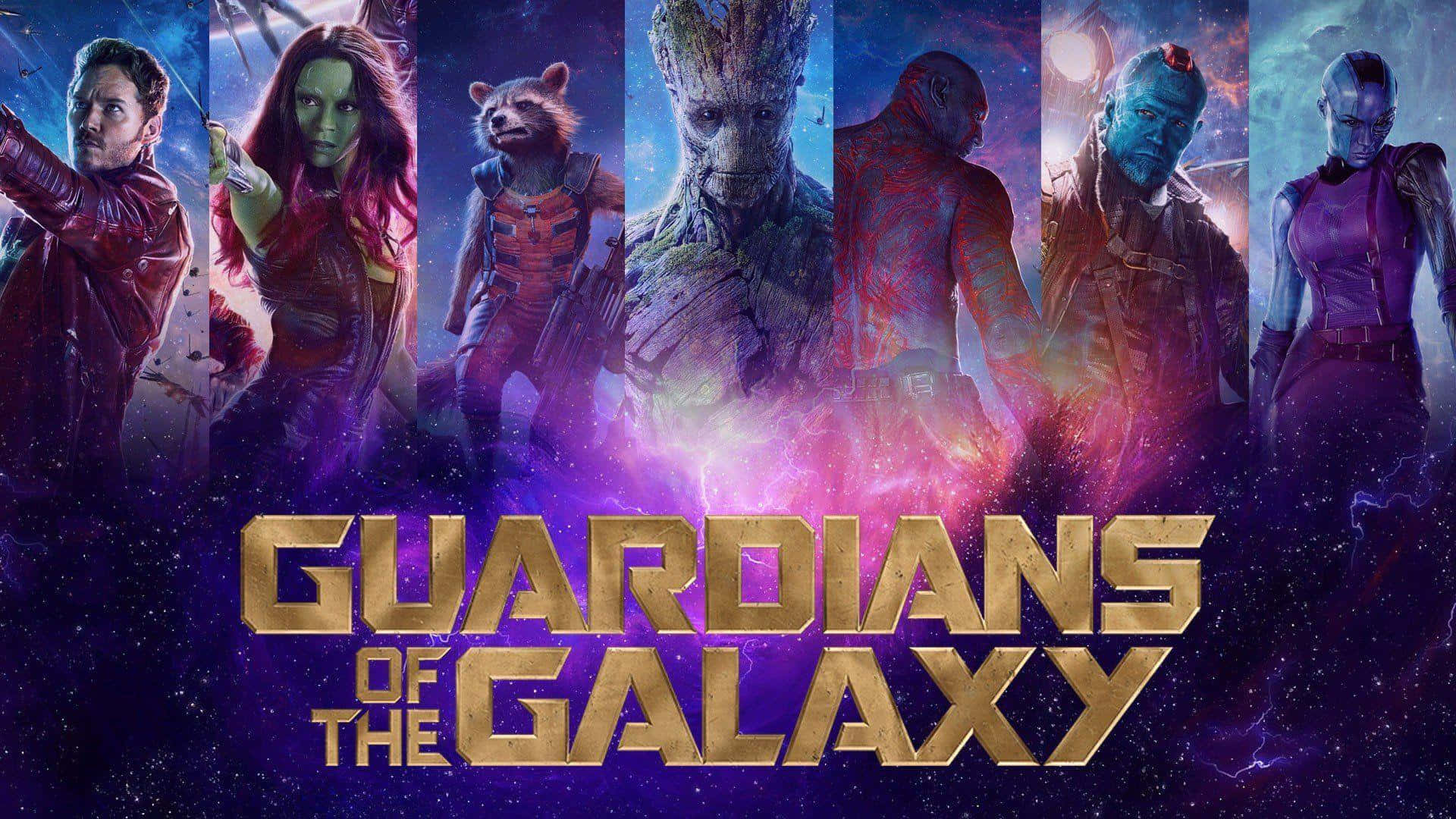 Marvel Universe 桌布 壁紙 — 星際異攻隊團隊在發光紫色和粉紅色色調的宇宙星雲背景下英勇站立。