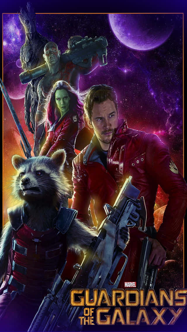 Guardians Of The Galaxy 2 桌布 壁紙 — 星際異攻隊在充滿紫色行星和發光星雲的鮮豔宇宙背景下英勇地擺出姿勢。