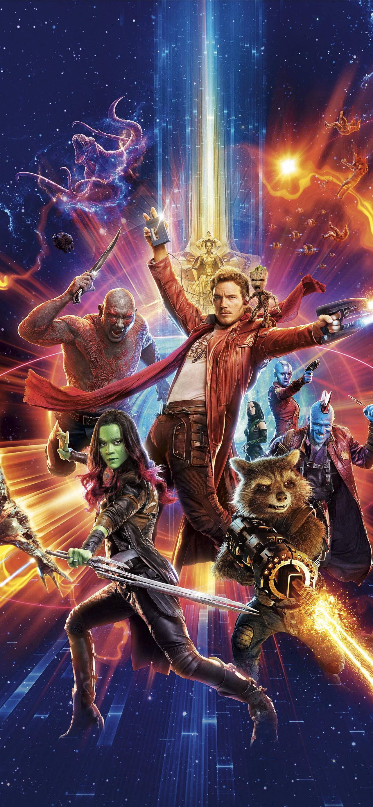 4K Guardians Of The Galaxy 桌布 壁紙 — 星際異攻隊的英雄們在充滿宇宙能量的背景下，以發光的能量光束和星域為襯，擺出動態姿勢。