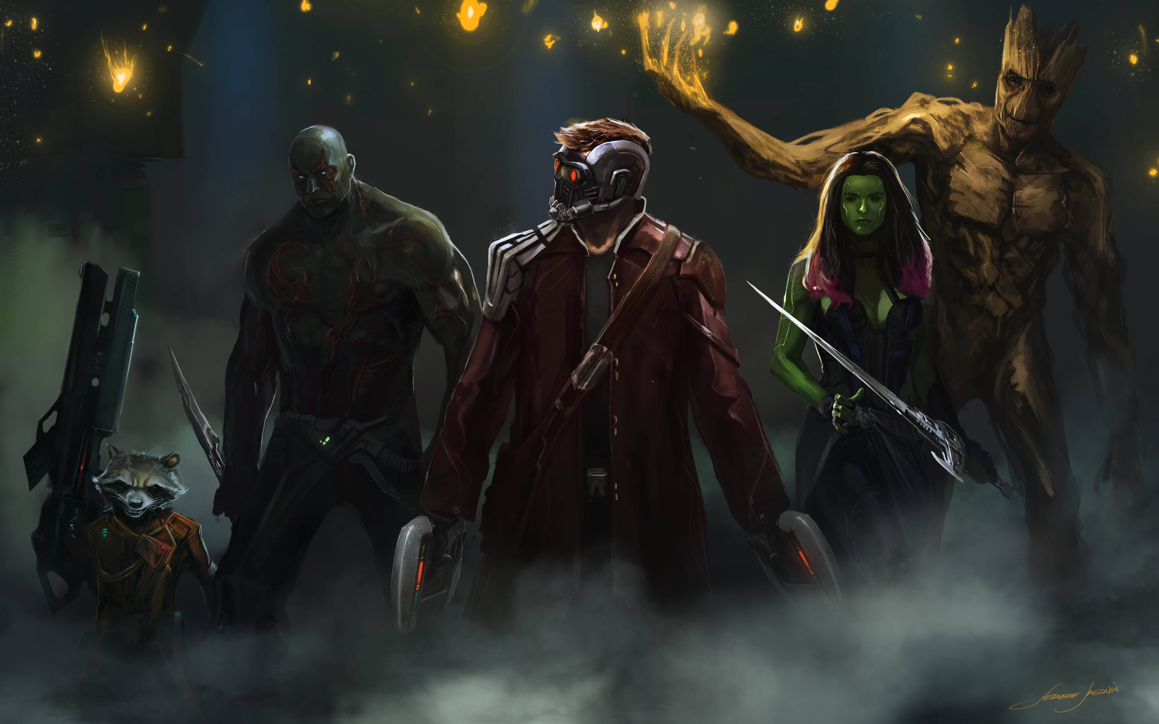 4K Guardians Of The Galaxy 桌布 壁紙 — 星際異攻隊站在迷霧黑暗中，發光的餘燼在他們上方飄浮。