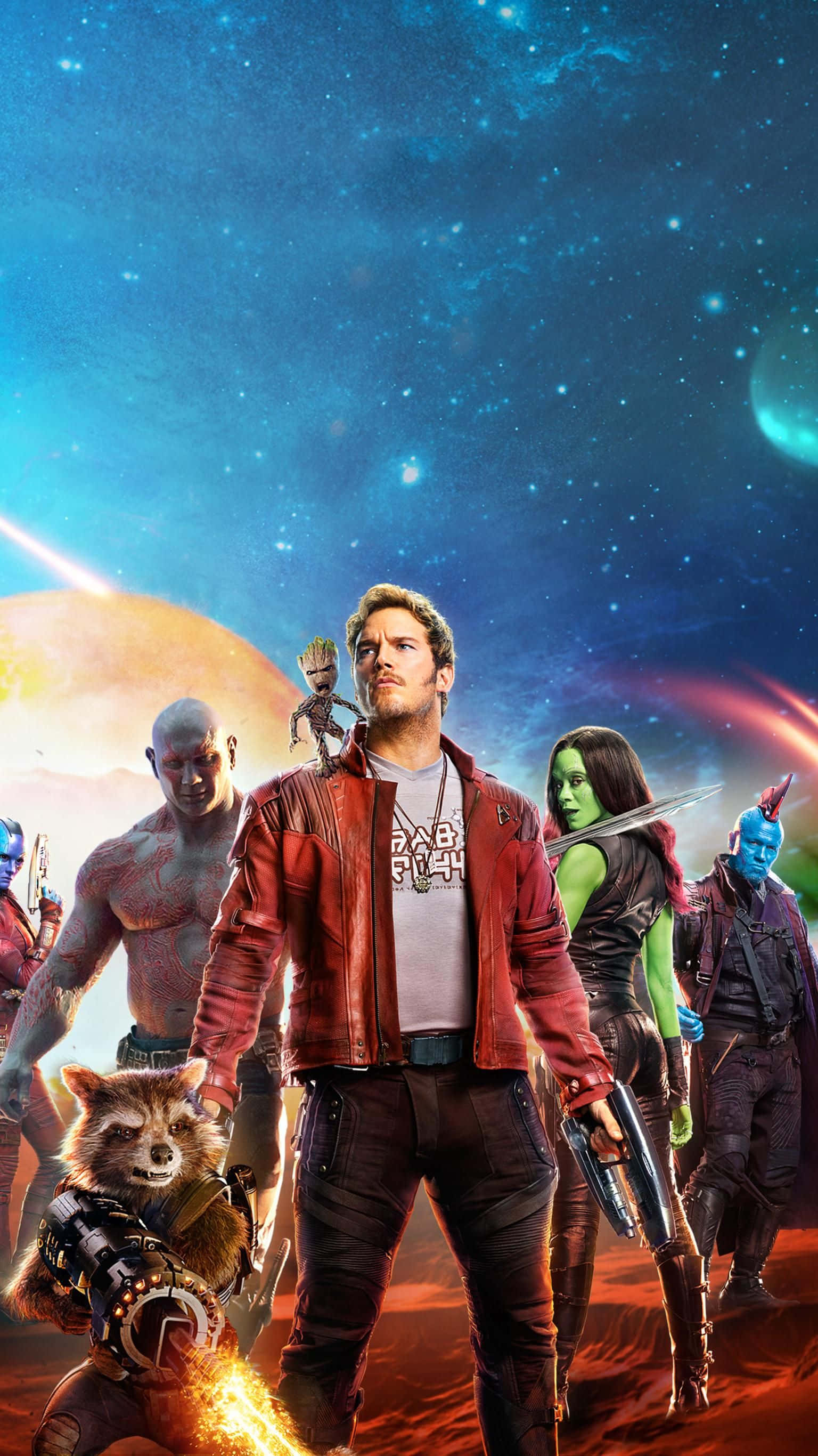 Guardians Of The Galaxy 2 桌布 壁紙 — 星際異攻隊英雄地站在一個熾熱的外星行星上，背景是星光閃爍的宇宙天空和發光的行星。