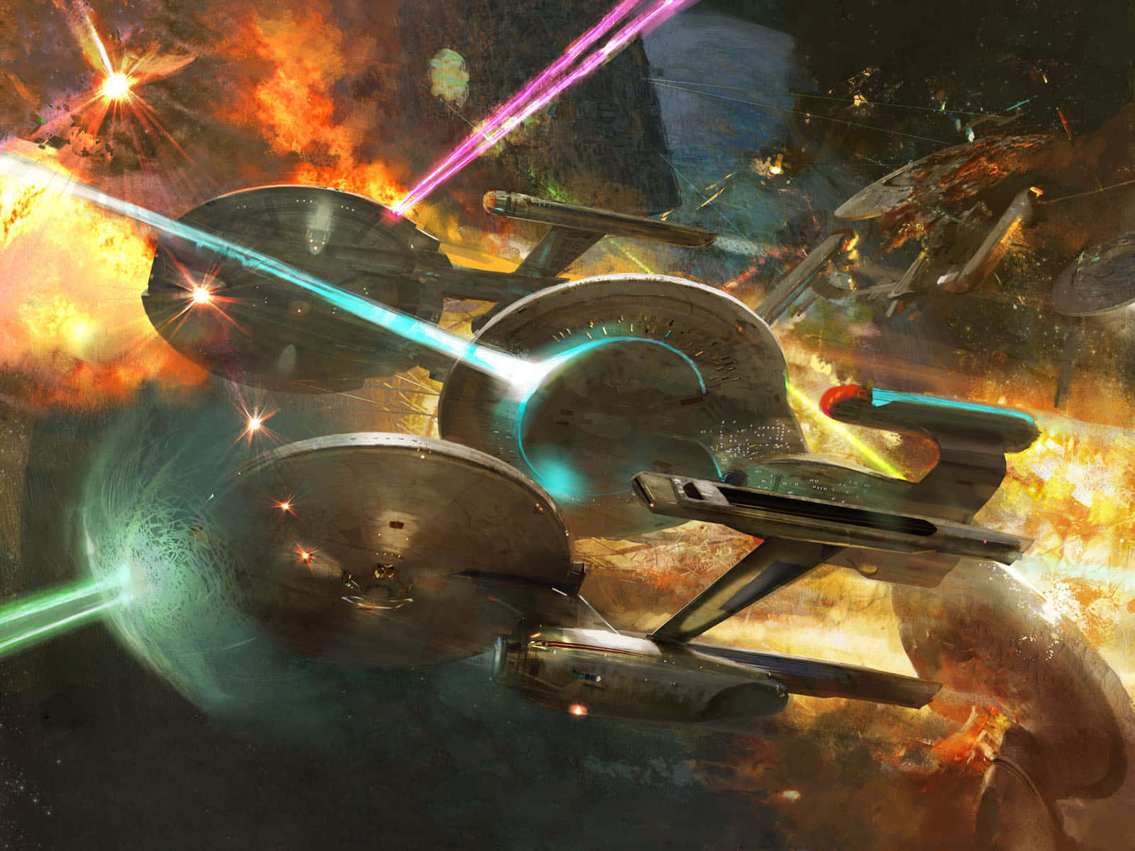 Starship 桌布 壁紙 — 星際艦隊的船隻在混亂的太空戰鬥中，在熾熱星雲和爆炸碎片中發射彩色雷射。