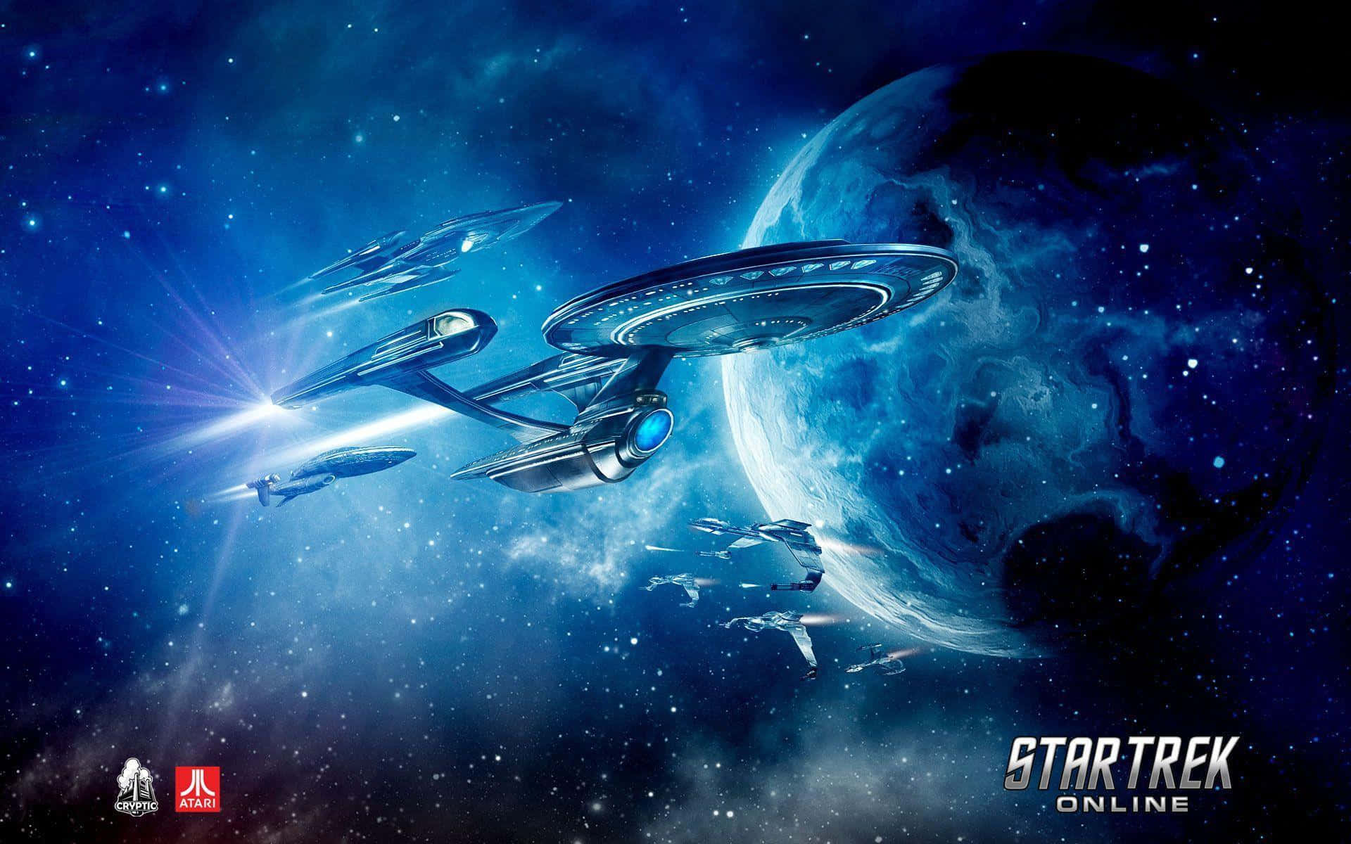 Starship 桌布 壁紙 — 星際艦隊的飛船在一個巨大的行星附近，穿過星光閃爍的藍色星雲，呈現出動態的科幻太空場景。