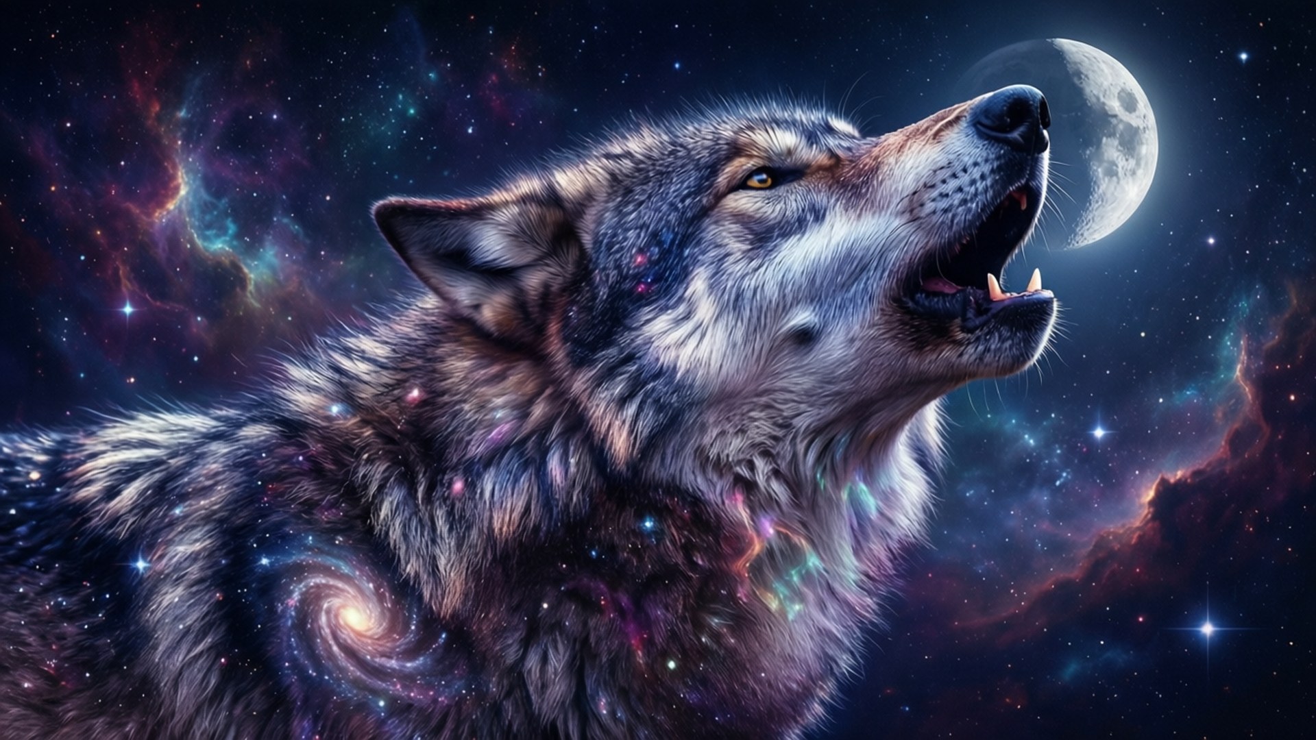 一隻神秘的銀河狼在漩渦星雲中對著新月長嚎。