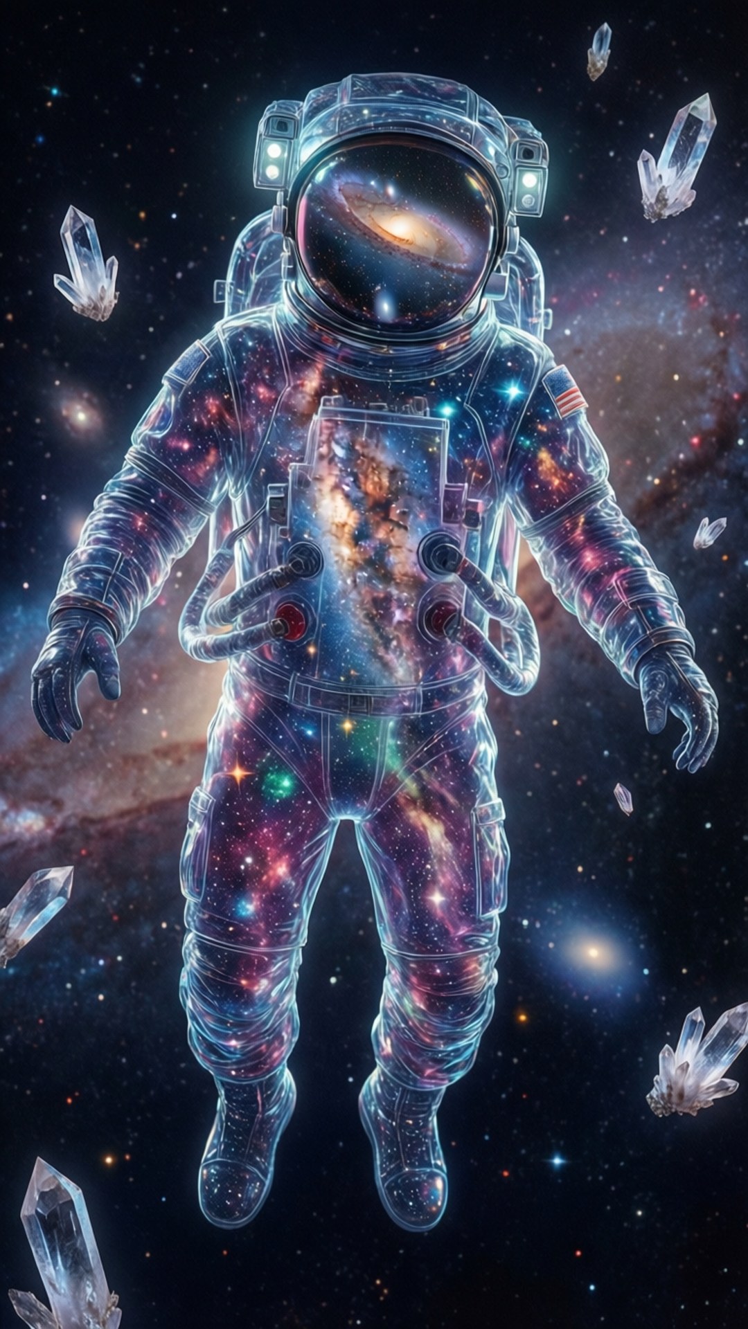 星體太空人 壁紙 — 一件充滿旋轉星系的太空衣在星光熠熠的宇宙虛空中漂浮於發光水晶之間。