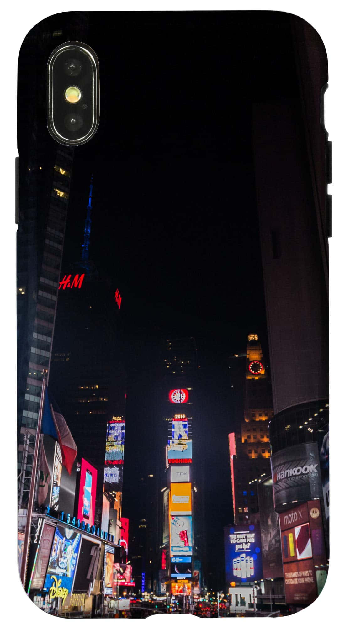 iPhone Xs New York 桌布 壁紙 — 時代廣場充滿活力的夜景，高聳的建築物被色彩繽紛的廣告牌和霓虹燈照亮。