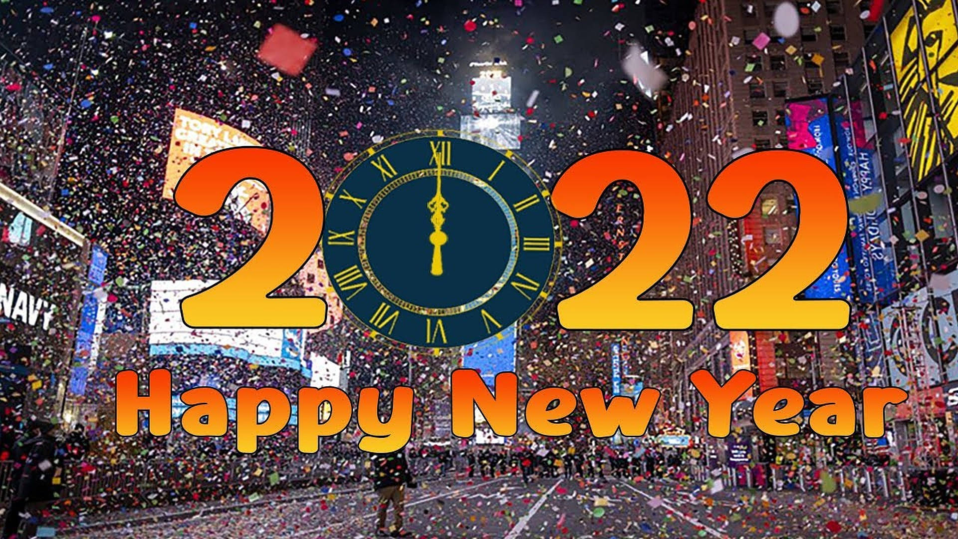 New 桌布 壁紙 — 時代廣場充滿活力的除夕慶祝活動，五彩紙屑落在巨大的「2022」時鐘上，人群歡呼。