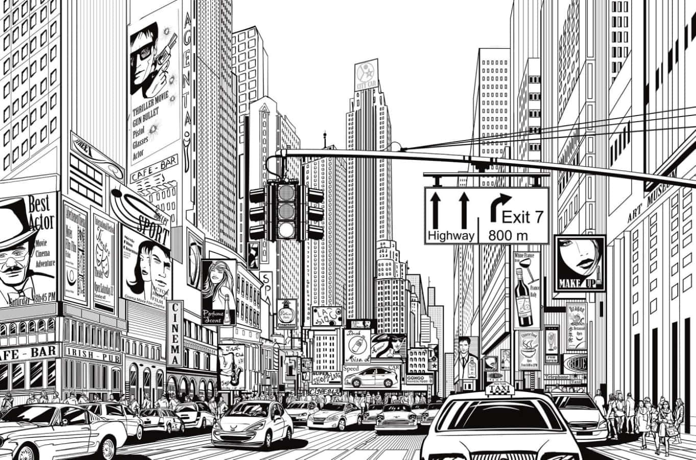 Black And White Comic 桌布 壁紙 — 時代廣場熱鬧的黑白線條藝術城市景觀，有高聳的建築物、廣告看板和交通。