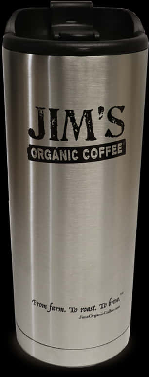 Container 桌布 壁紙 — 時尚不鏽鋼旅行杯，黑色蓋子，在深色背景上展示Jim's Organic Coffee品牌。