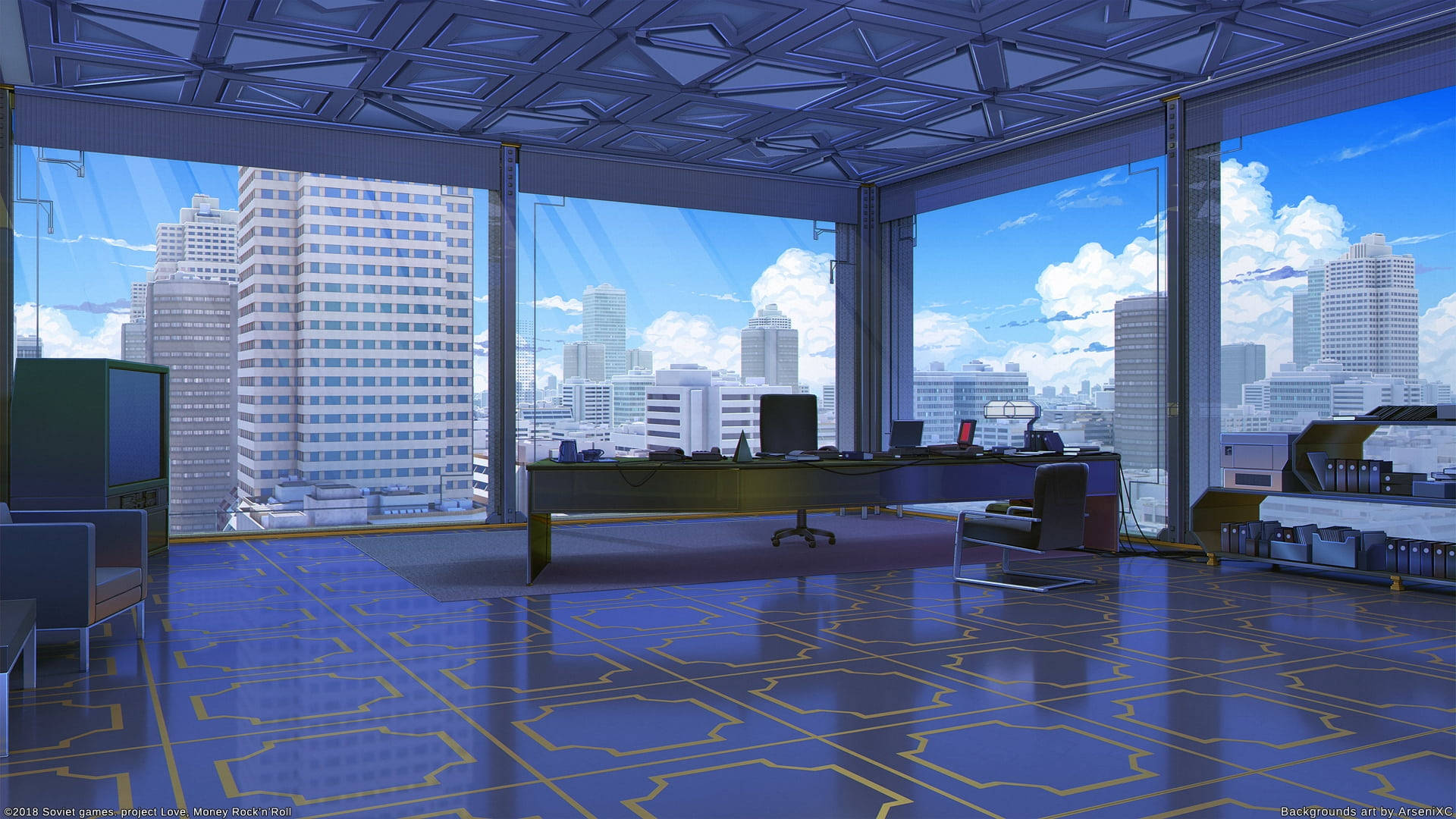 Office Space 桌布 壁紙 — 時尚動漫風格辦公室，藍色幾何地板，透過落地窗可欣賞明亮的城市景觀。