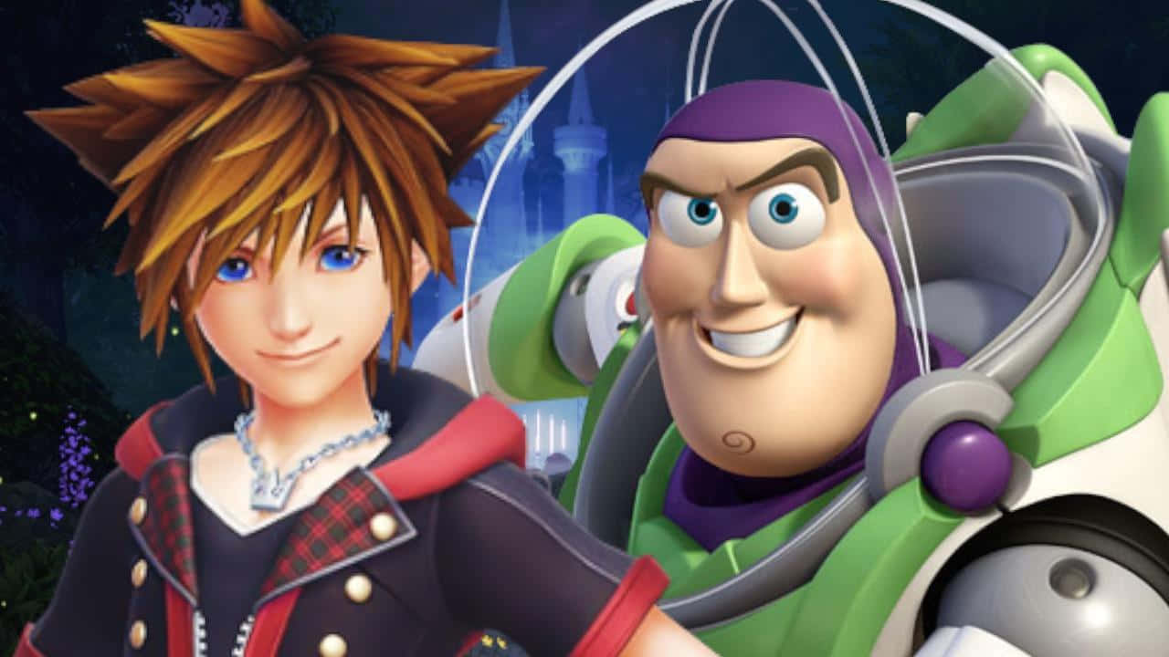 Kingdom Hearts Characters 桌布 壁紙 — 時尚動畫角色 Sora 和 Buzz Lightyear 在星空下閃耀的城堡背景前一起擺姿勢。