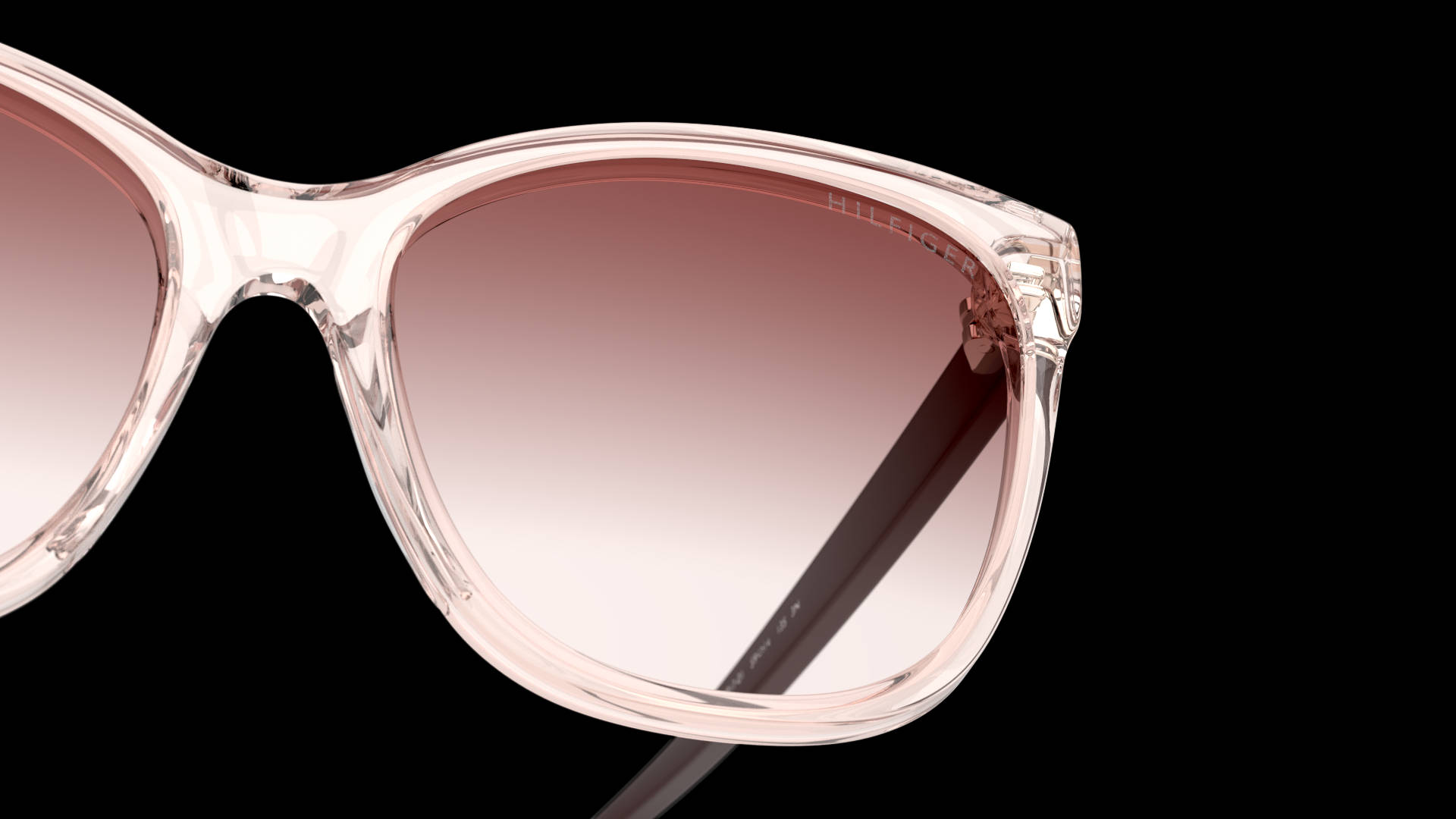 Sunglasses 桌布 壁紙 — 時尚半透明粉紅色太陽眼鏡特寫，帶漸變鏡片，黑色背景。